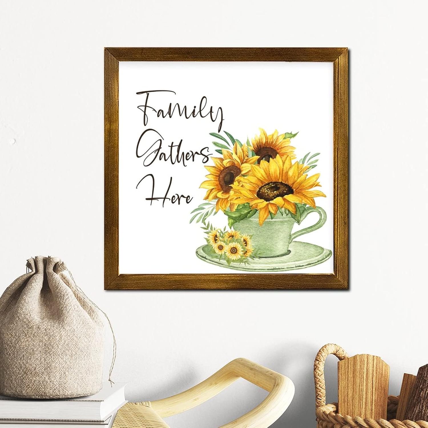 Family Gathers Here Framed Wooden Sign 12x12 Inch