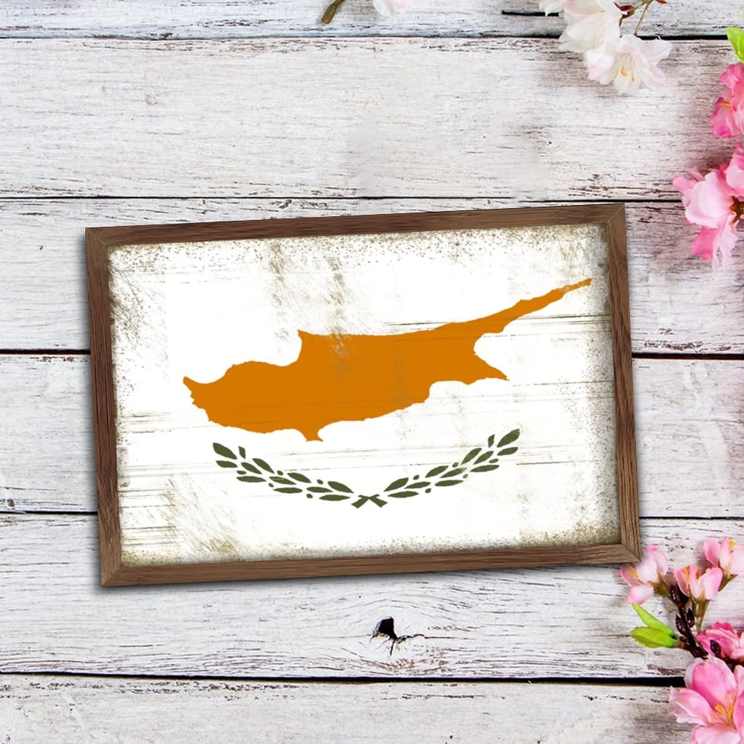 Christmas Farmhouse Decor Cyprus Flag Framed Wood Sign Wall Art