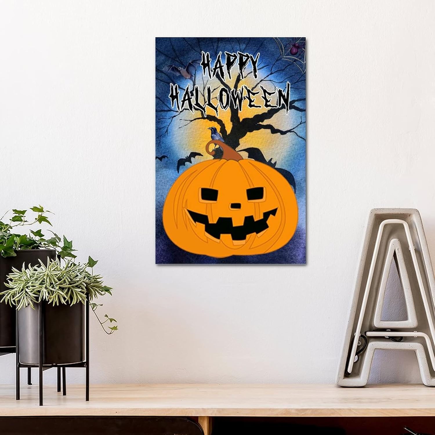 Scary Pumpkin Crow Wood Door Sign 12x8in