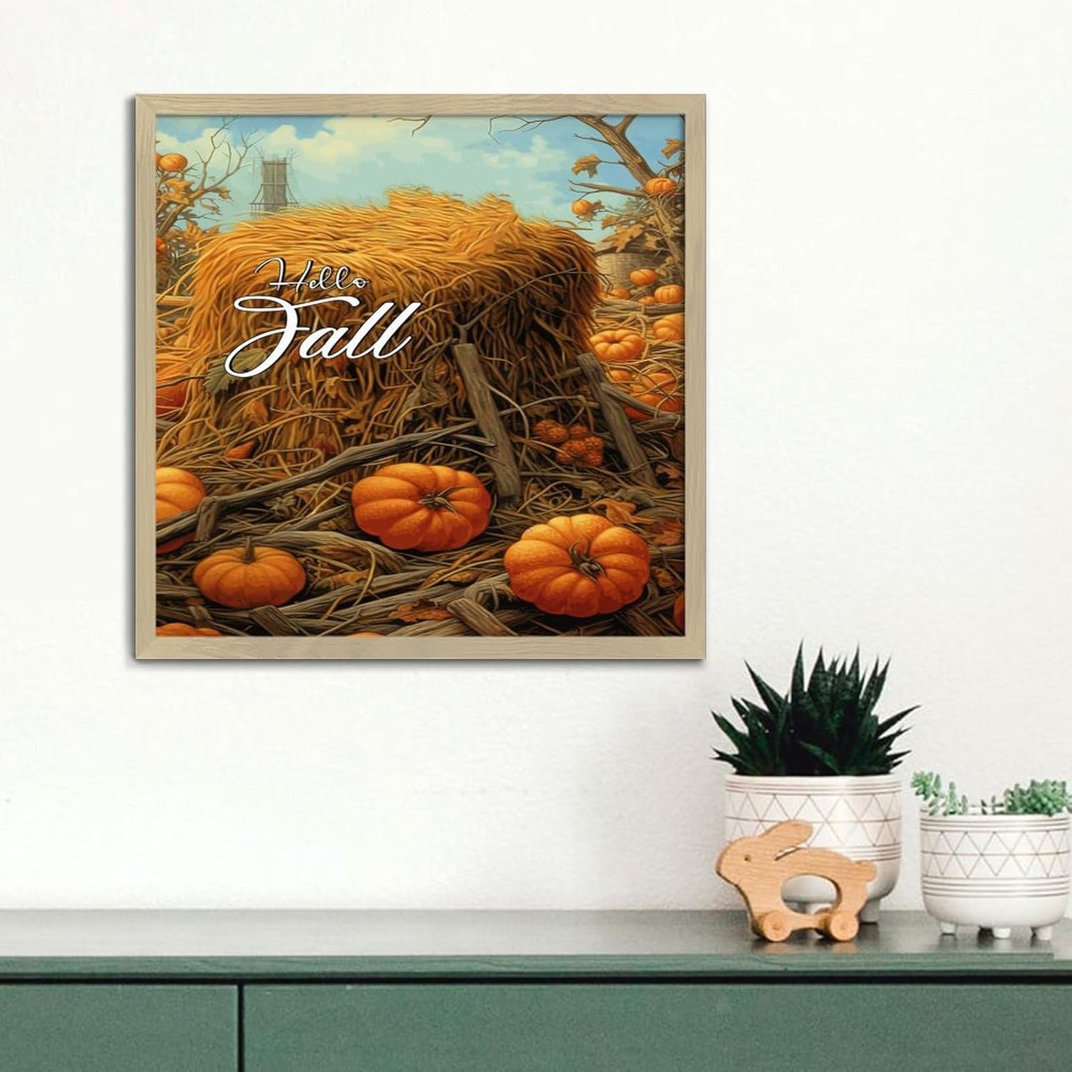 Wood Framed Sign Hello Fall Wall Art Decor 12x12in