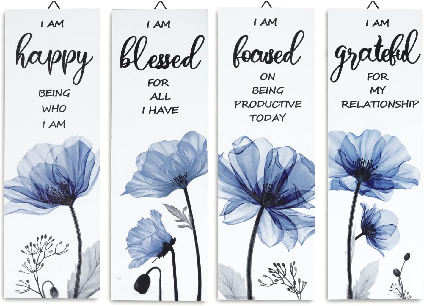 Decalmile 4 Piece Blue Flower Wooden Wall Sign Set