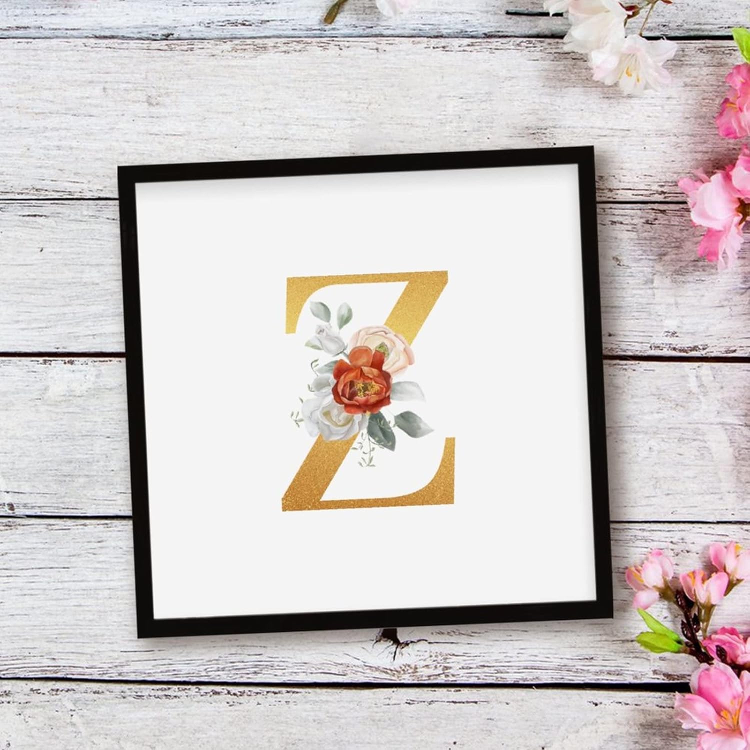 Elegant Rose Gold Initial Z Black Framed Wood Sign