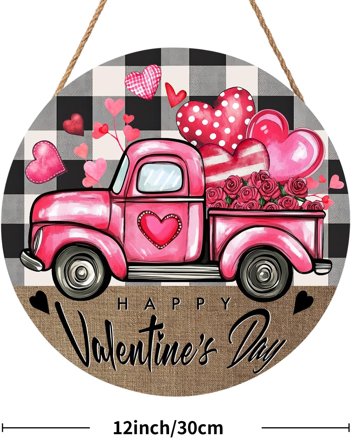Valentines Day Door Sign with Pink Truck Hearts 12x12 Wood Hanger