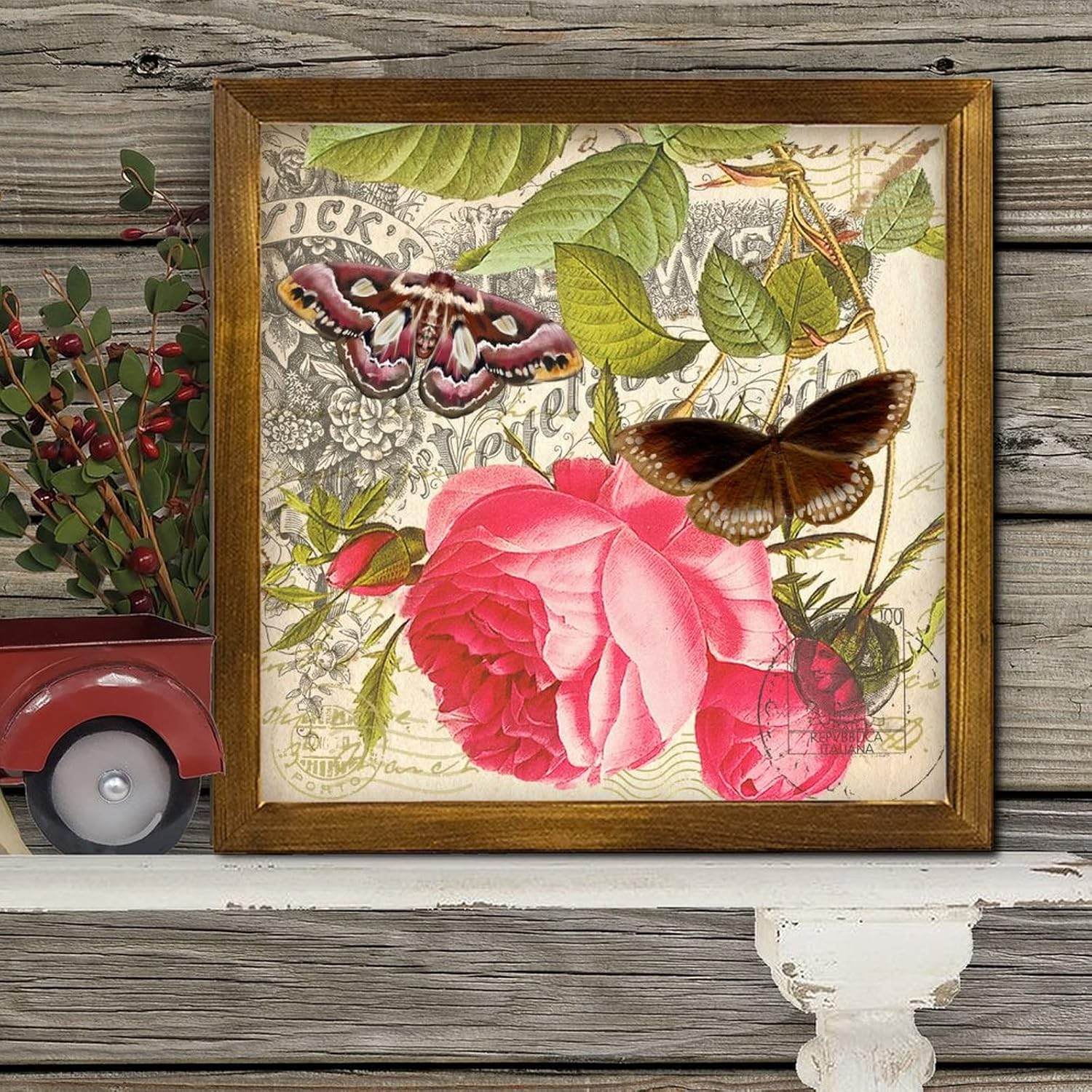 French Brown Butterfly Rose Wooden Framed Wall Sign 12x12 Inch
