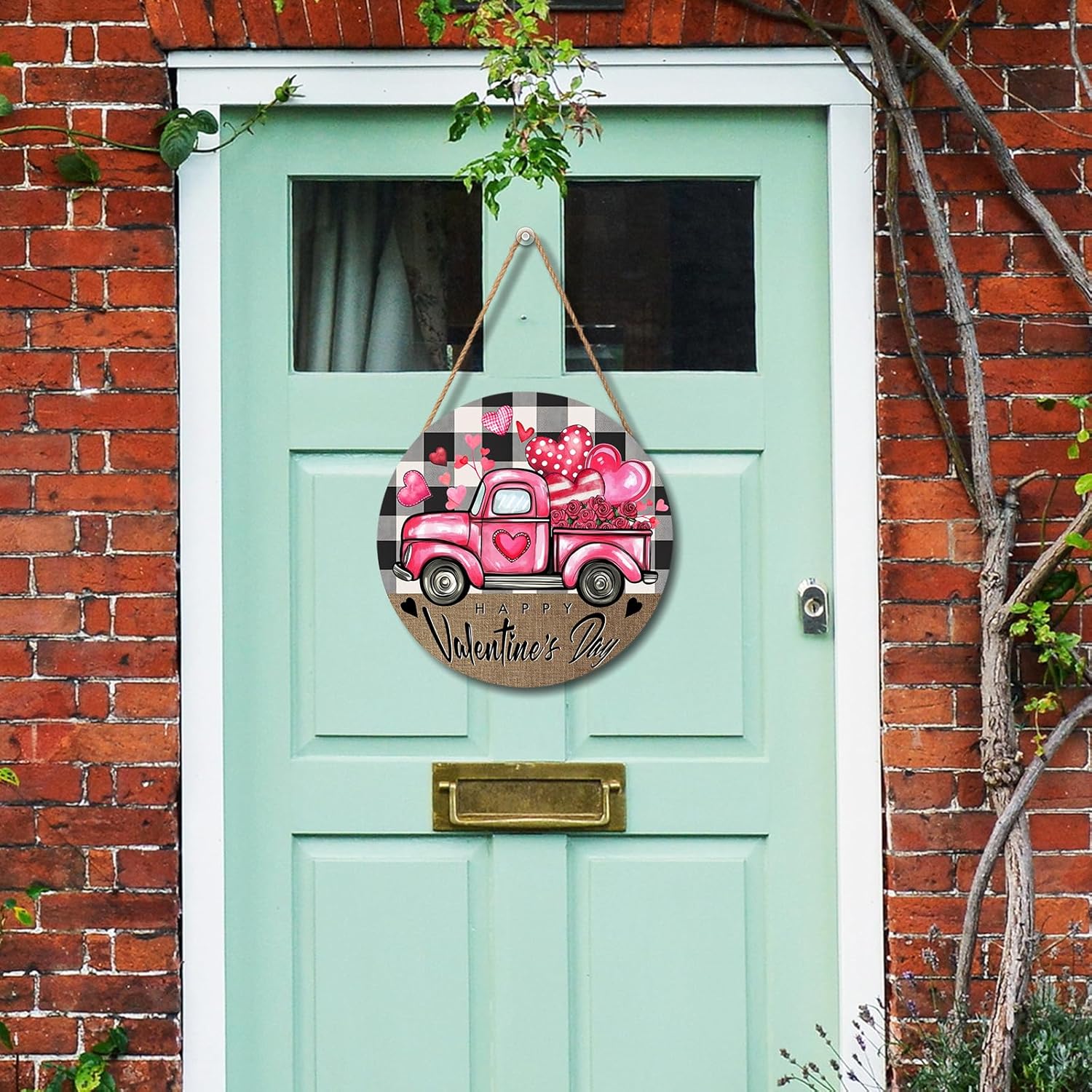 Valentines Day Door Sign with Pink Truck Hearts 12x12 Wood Hanger