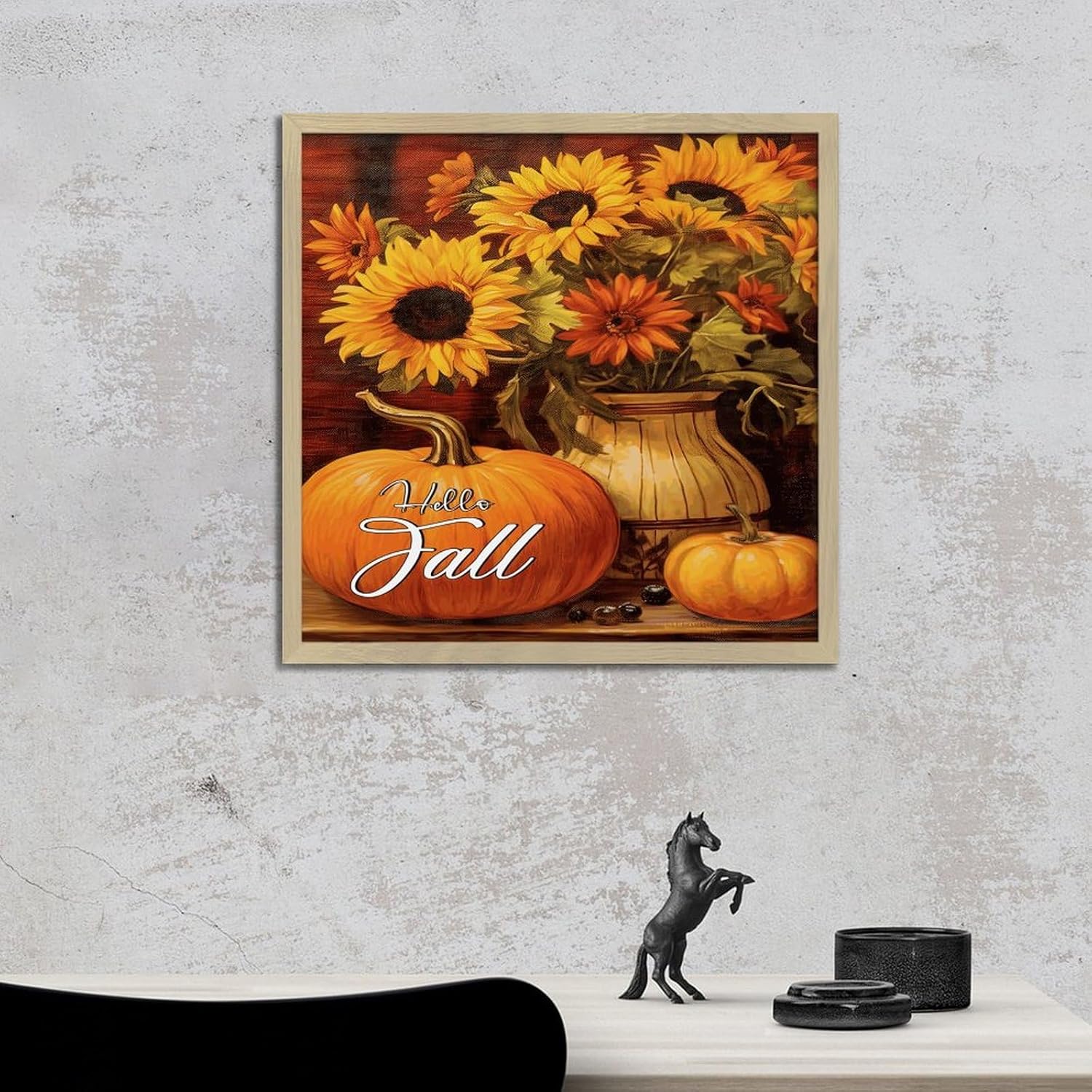 Hello Fall Rustic Framed Wall Art 12x12in Wood Sign with Sayings