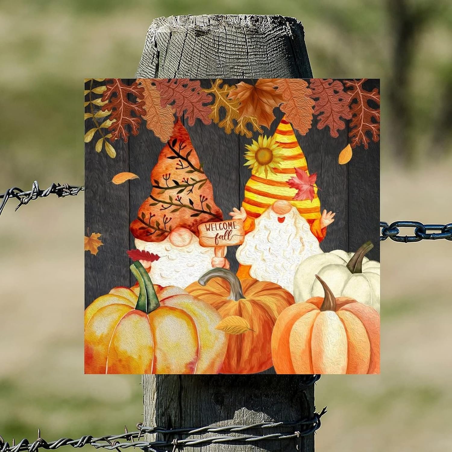 Welcome Fall Gnome Wooden Wall Sign 14x14in