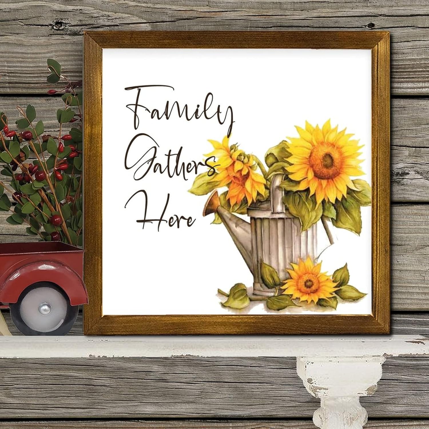 Family Gathers Here Framed Wood Sign 12x12 Inch