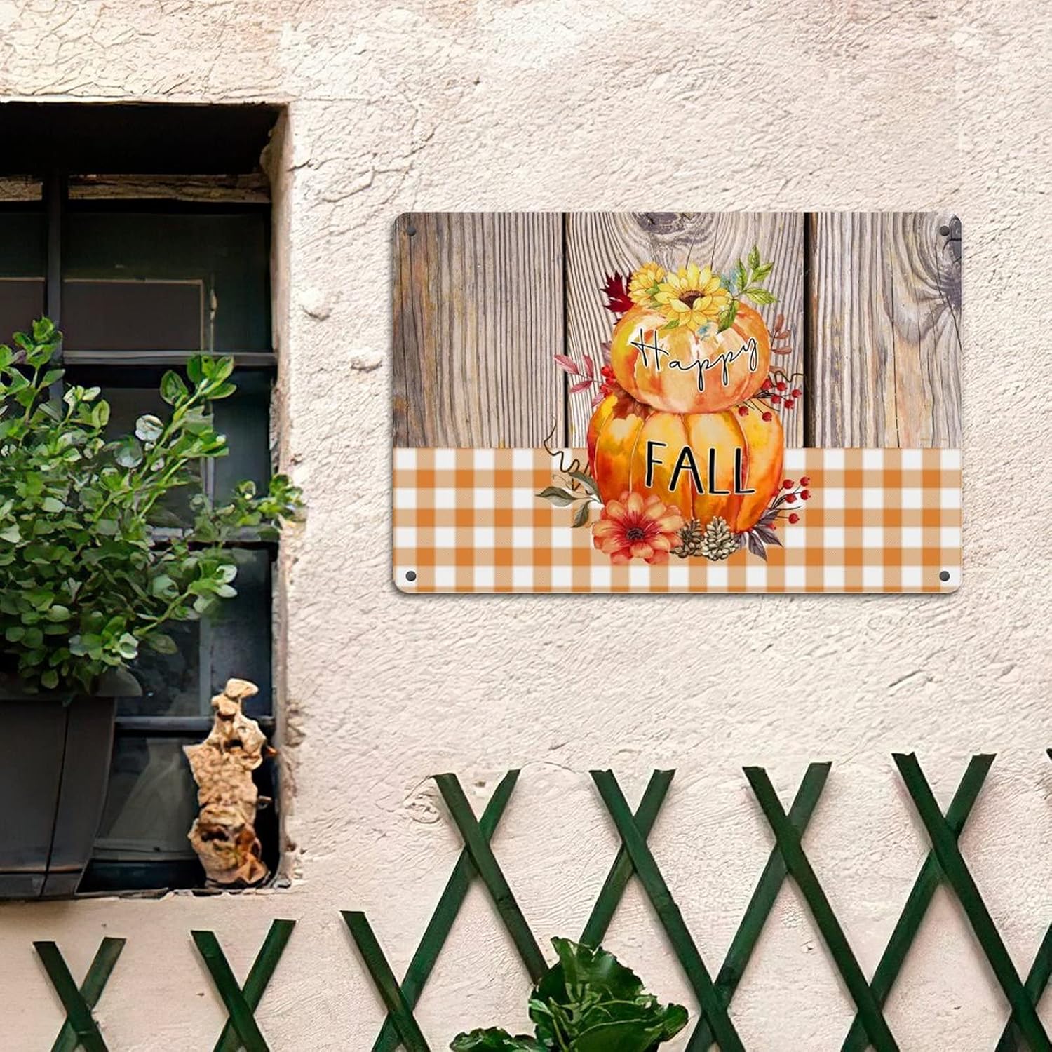 Happy Fall Sign with Pumpkin Sunflower Berries Metal Wall Art
