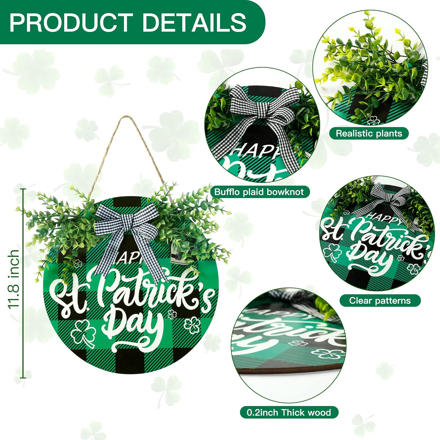 St Patricks Day Buffalo Plaid Wooden Door Sign
