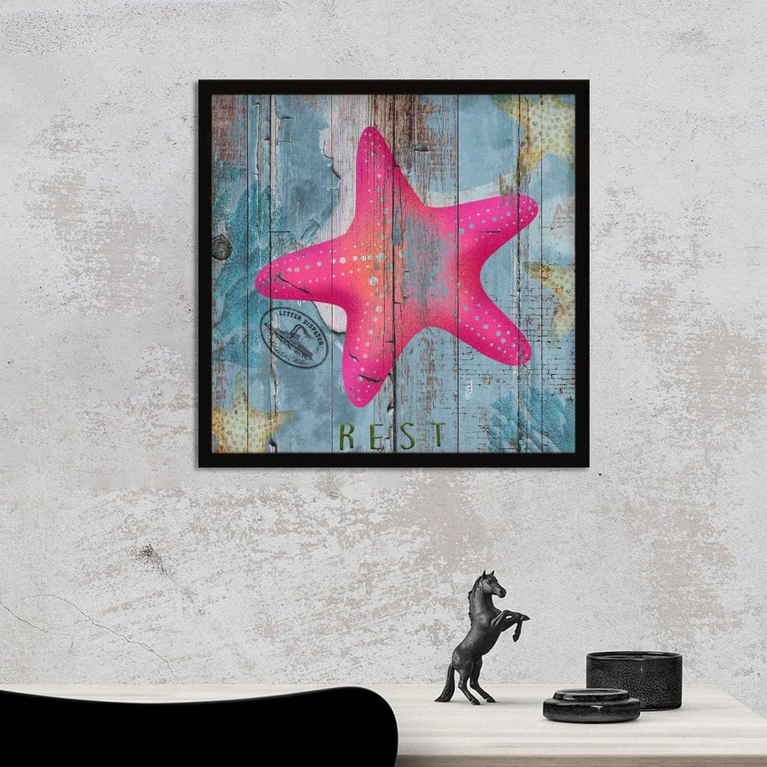 Hanging Wood Framed Wall Decor Sign Starfish Nautical Theme