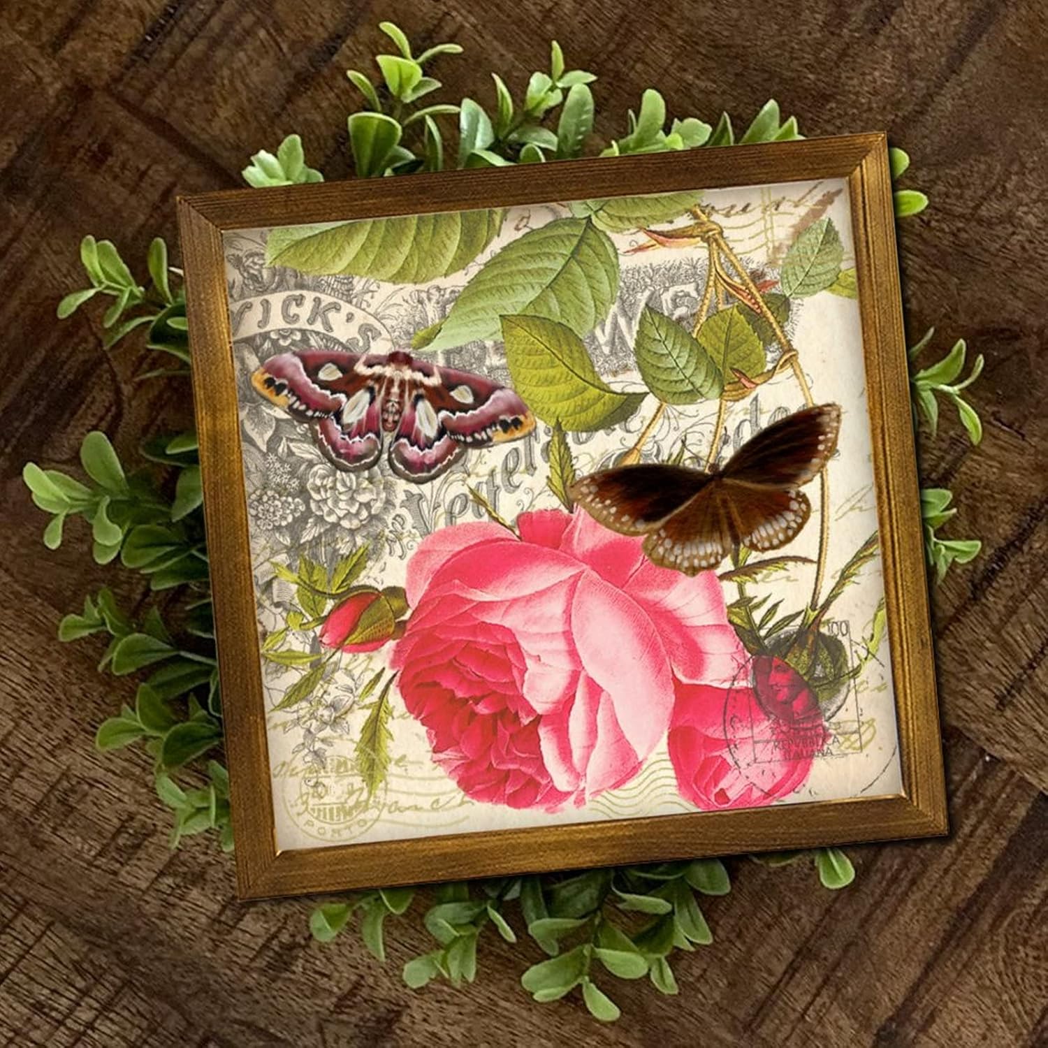 French Brown Butterfly Rose Wooden Framed Wall Sign 12x12 Inch