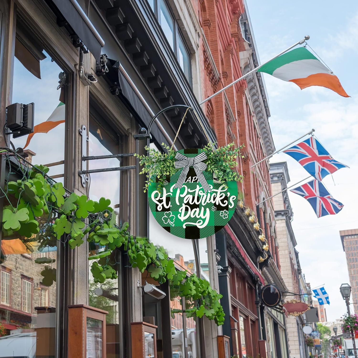 St Patricks Day Buffalo Plaid Wooden Door Sign