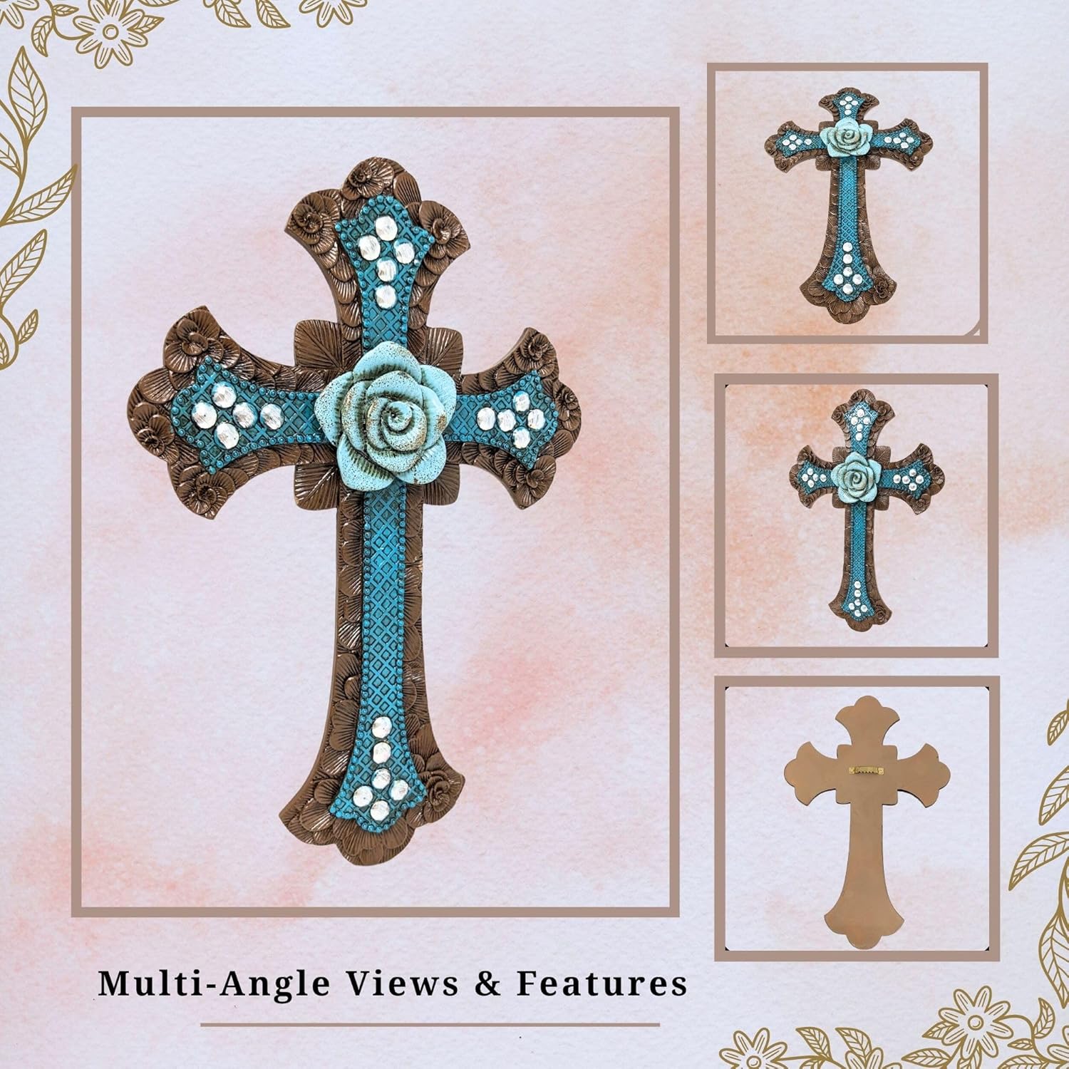 BestGiftEver Decorative Blue Wall Cross with Floral Center