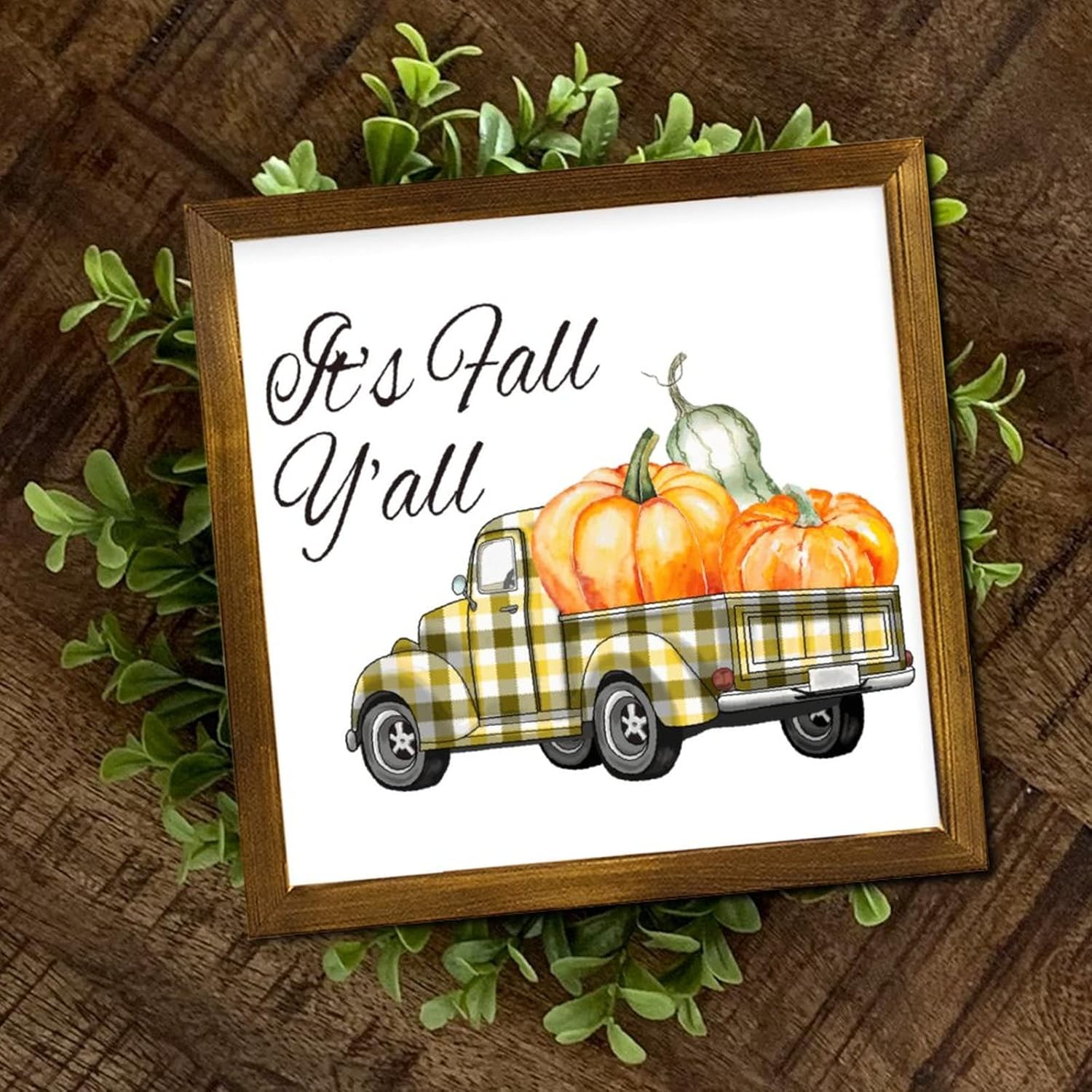Fall-Themed Yellow Plaid Pumpkin Truck Wooden Wall Sign