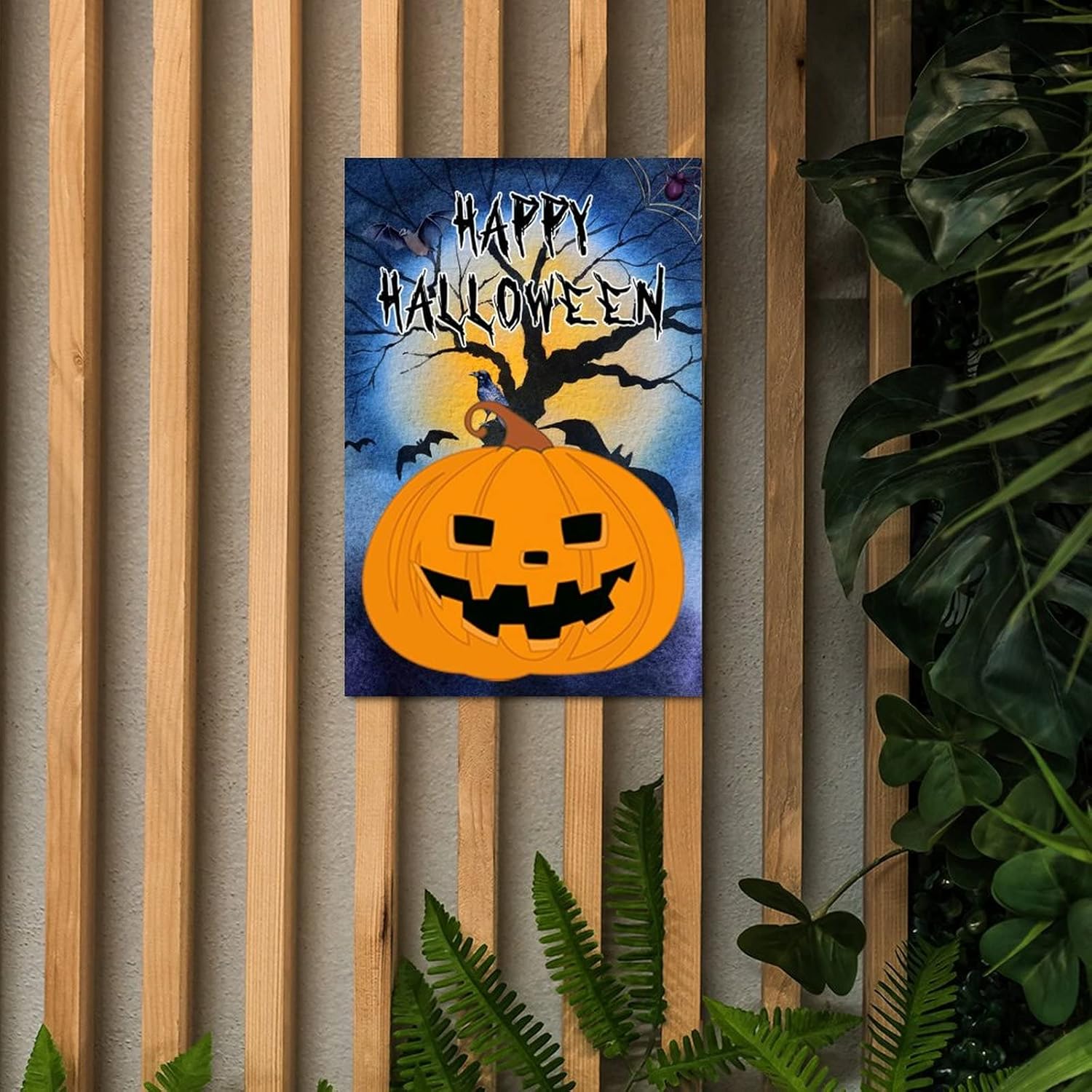 Scary Pumpkin Crow Wood Door Sign 12x8in