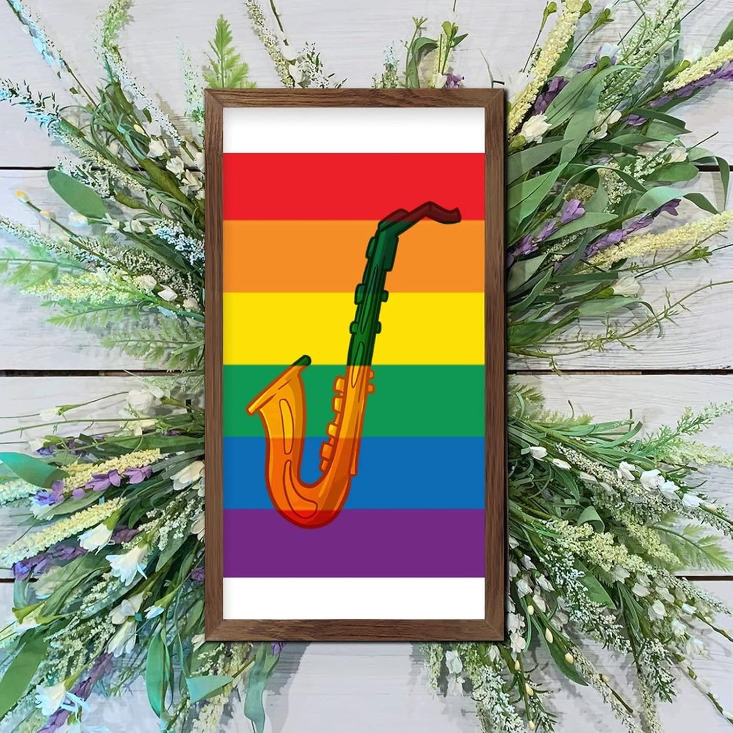 Rainbow Saxophone Wood Framed Wall Sign 22x12 In