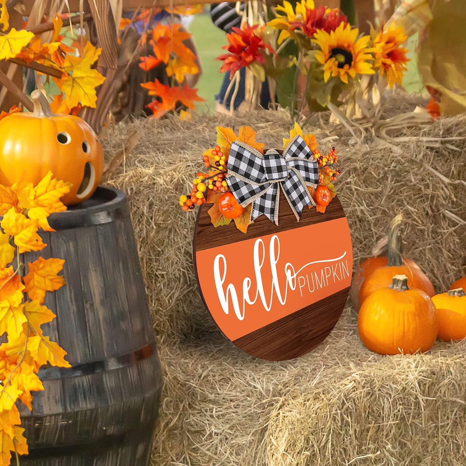 Whaline Fall Thanksgiving Welcome Wooden Sign with Bow and Berries