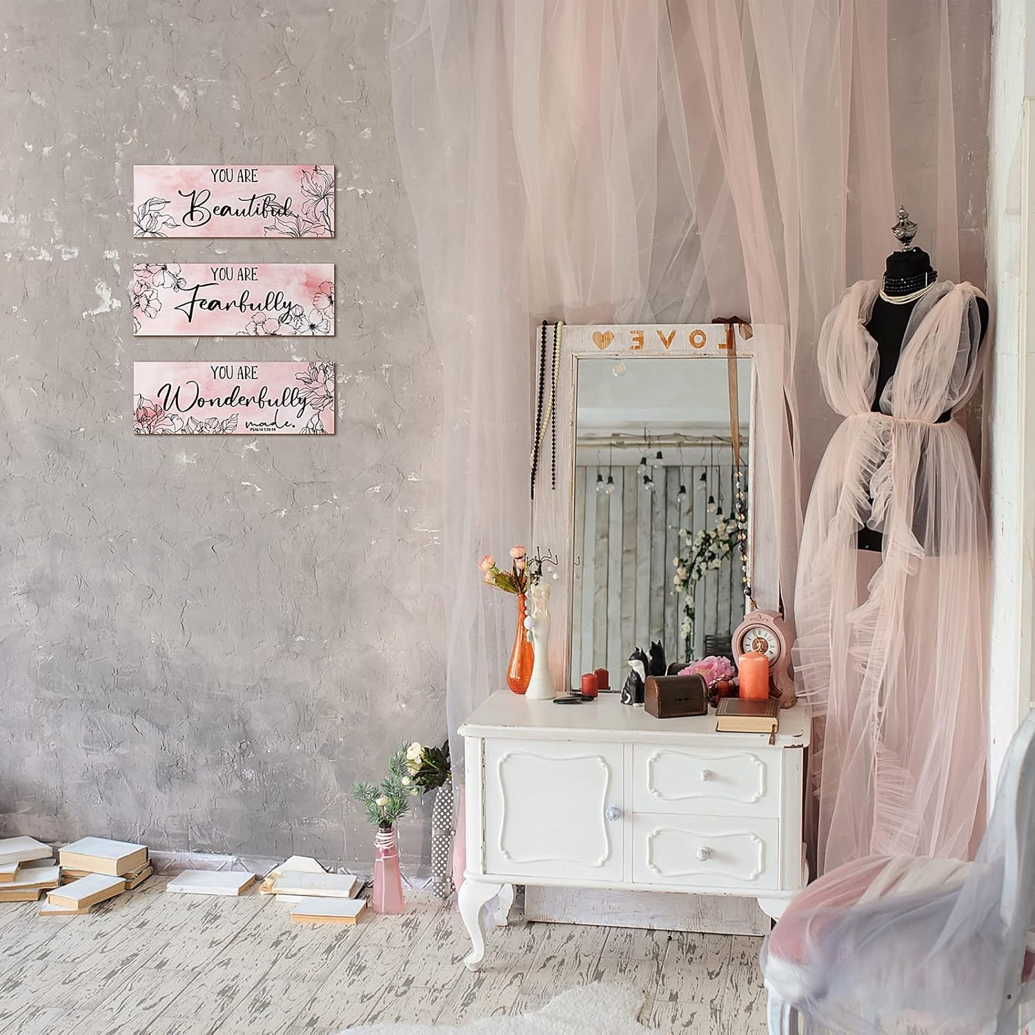 Yookeer 3 Pcs Pink Floral Wall Decor Set