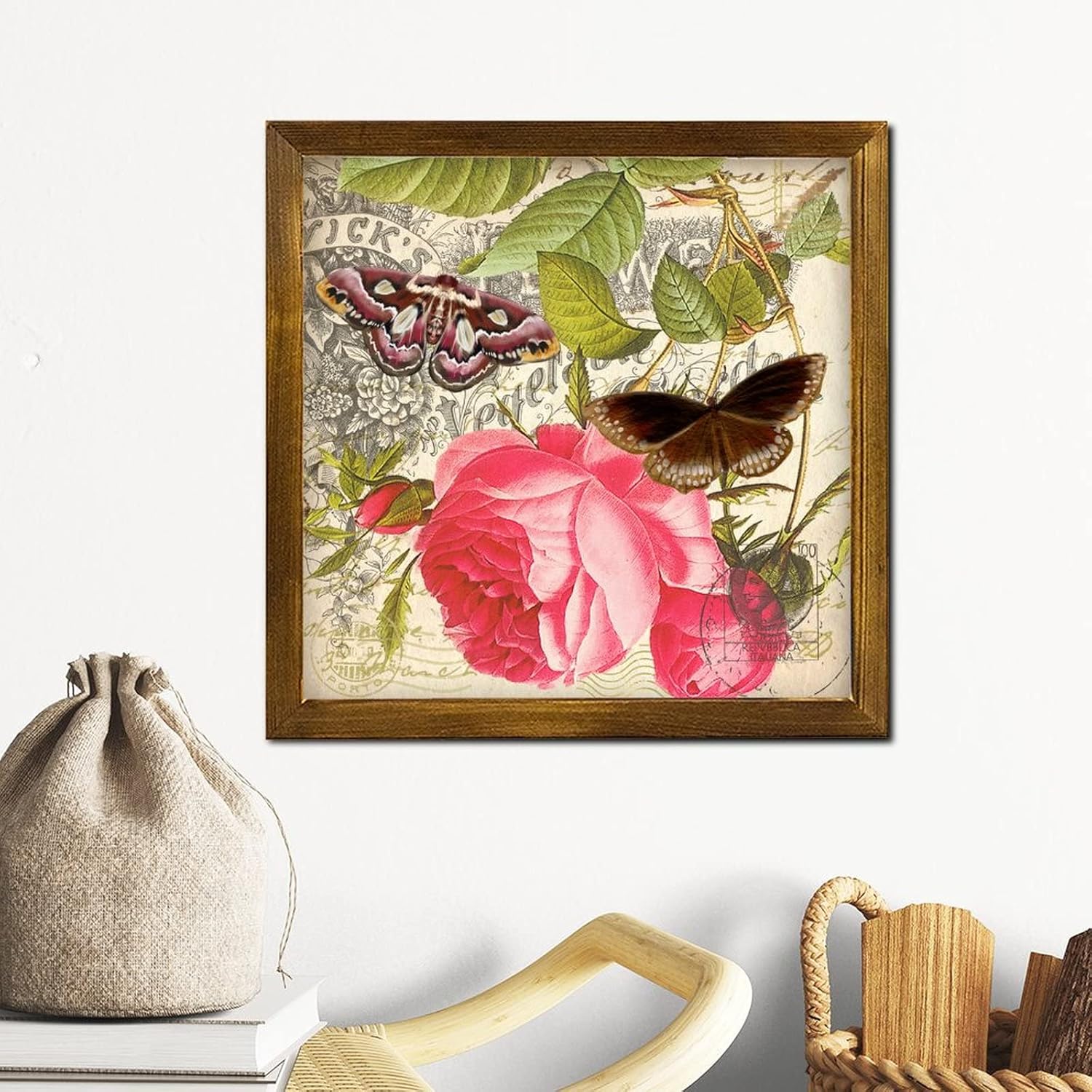French Brown Butterfly Rose Wooden Framed Wall Sign 12x12 Inch