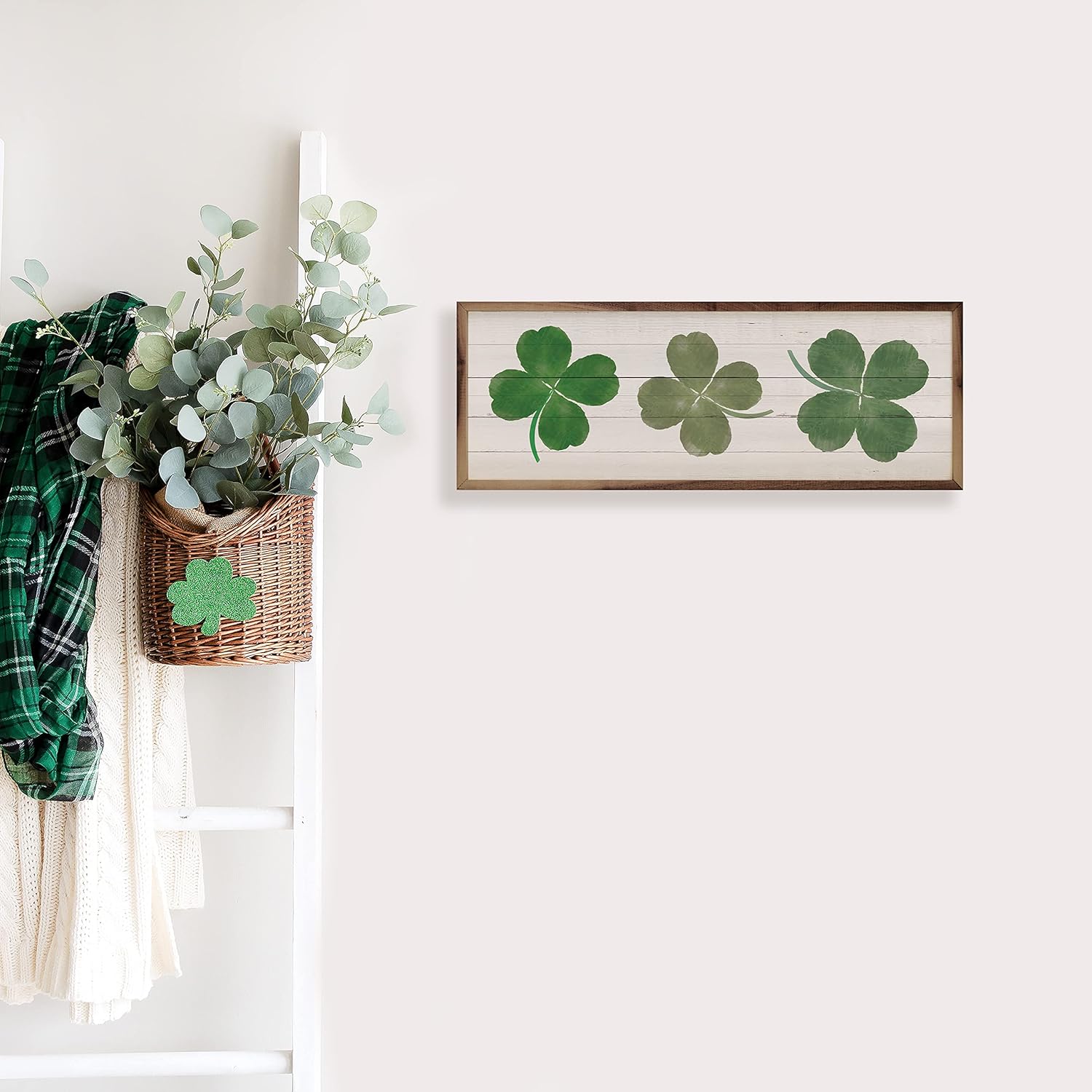 Three Clovers Whitewash St Patricks Day Wall Decor Sign 12x4