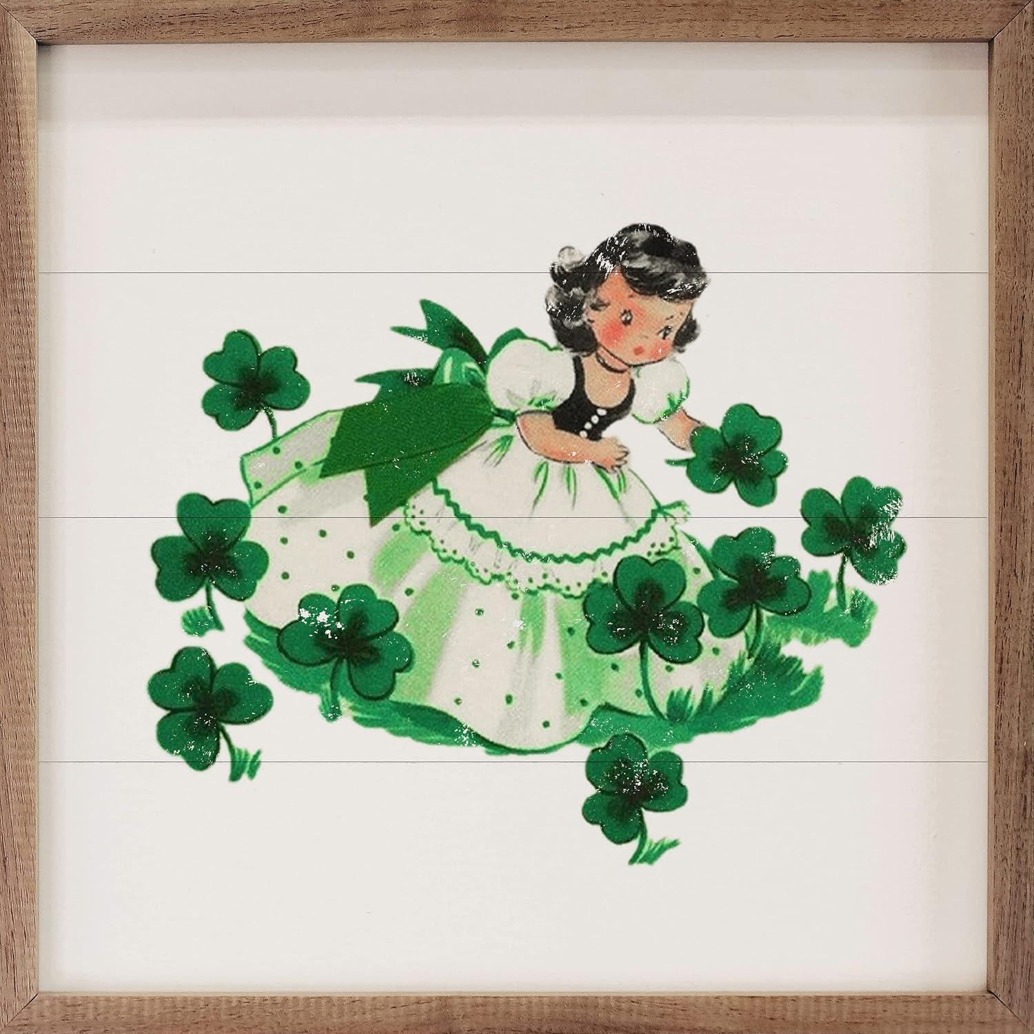 Girl Picking Shamrocks St Patricks Day Wooden Wall Sign Decor