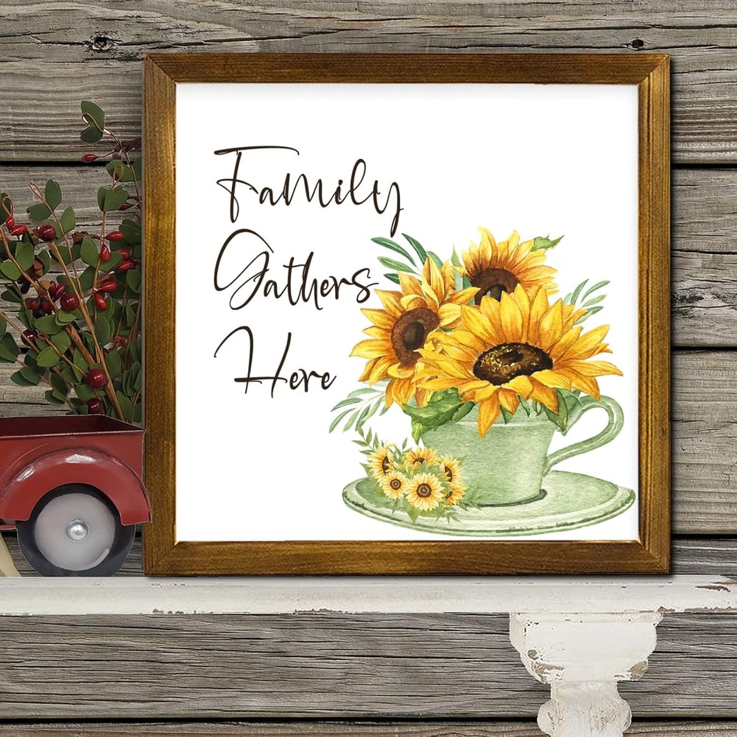 Family Gathers Here Framed Wooden Sign 12x12 Inch