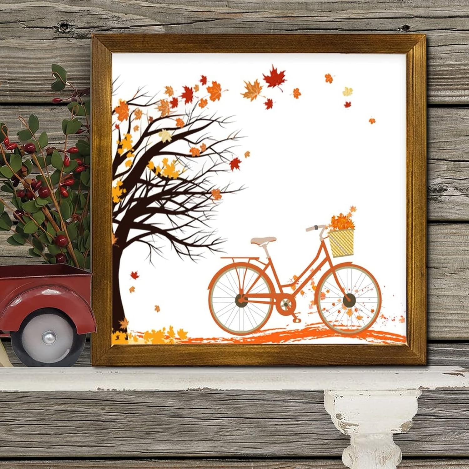 Fall Maple Leaves Wooden Framed Wall Sign 12x12 Inch