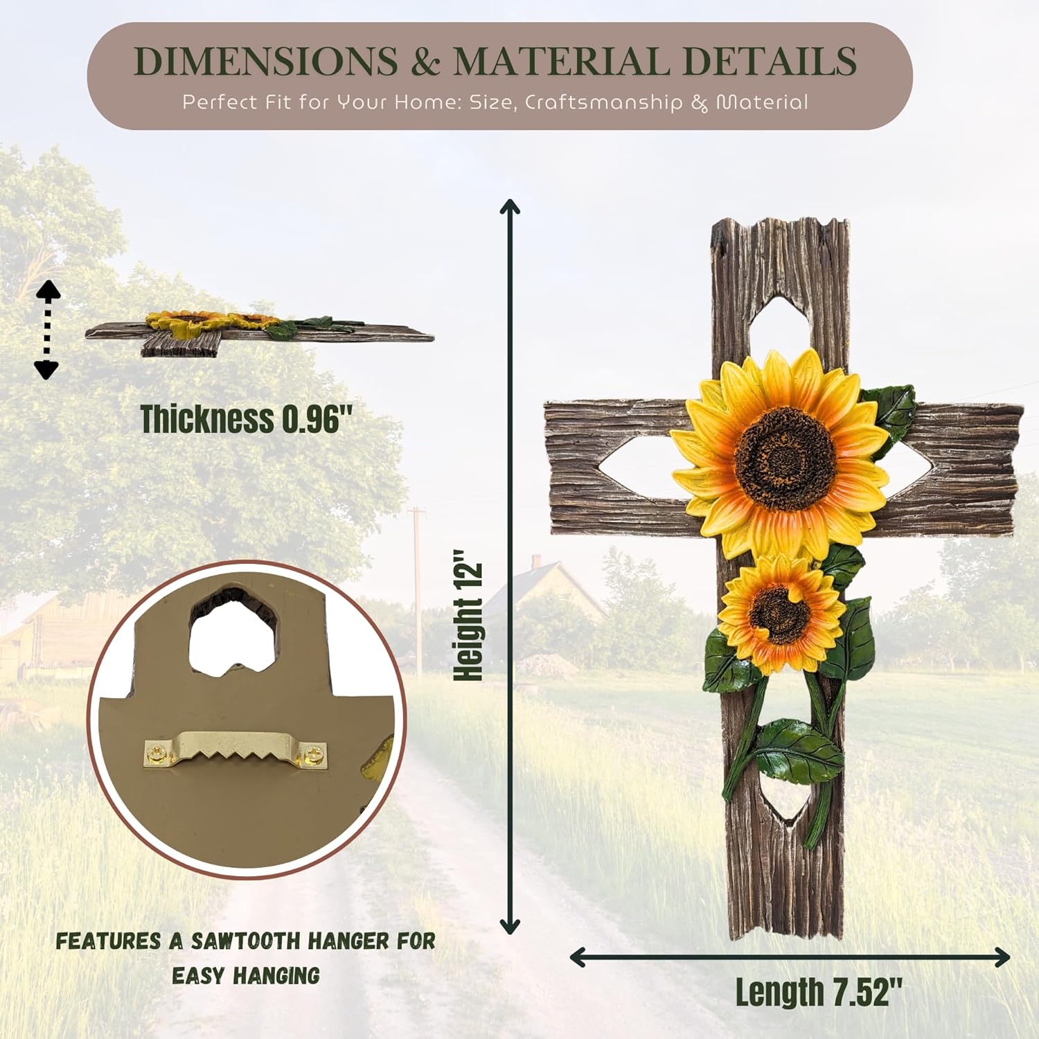 BestGiftEver Rustic Faux Wood Wall Cross with Sunflower Design