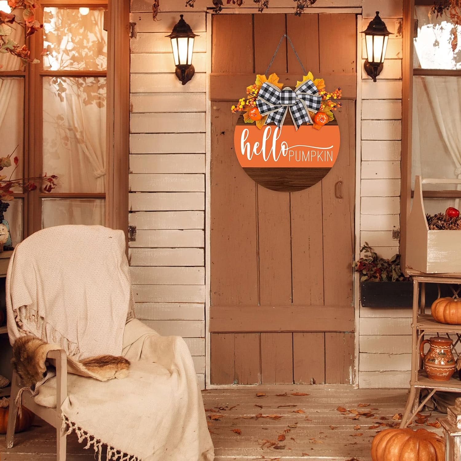 Whaline Fall Thanksgiving Welcome Wooden Sign with Bow and Berries