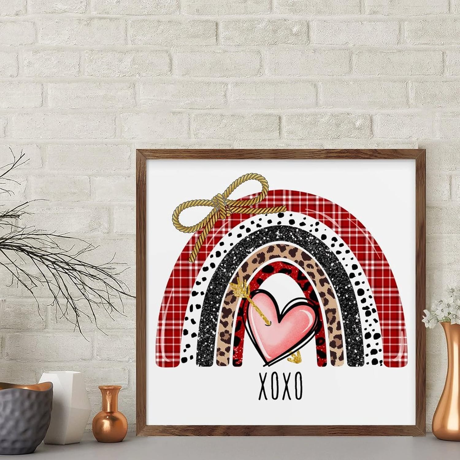 Romantic Heart Rainbow XOXO Framed Wood Wall Sign Home Decor