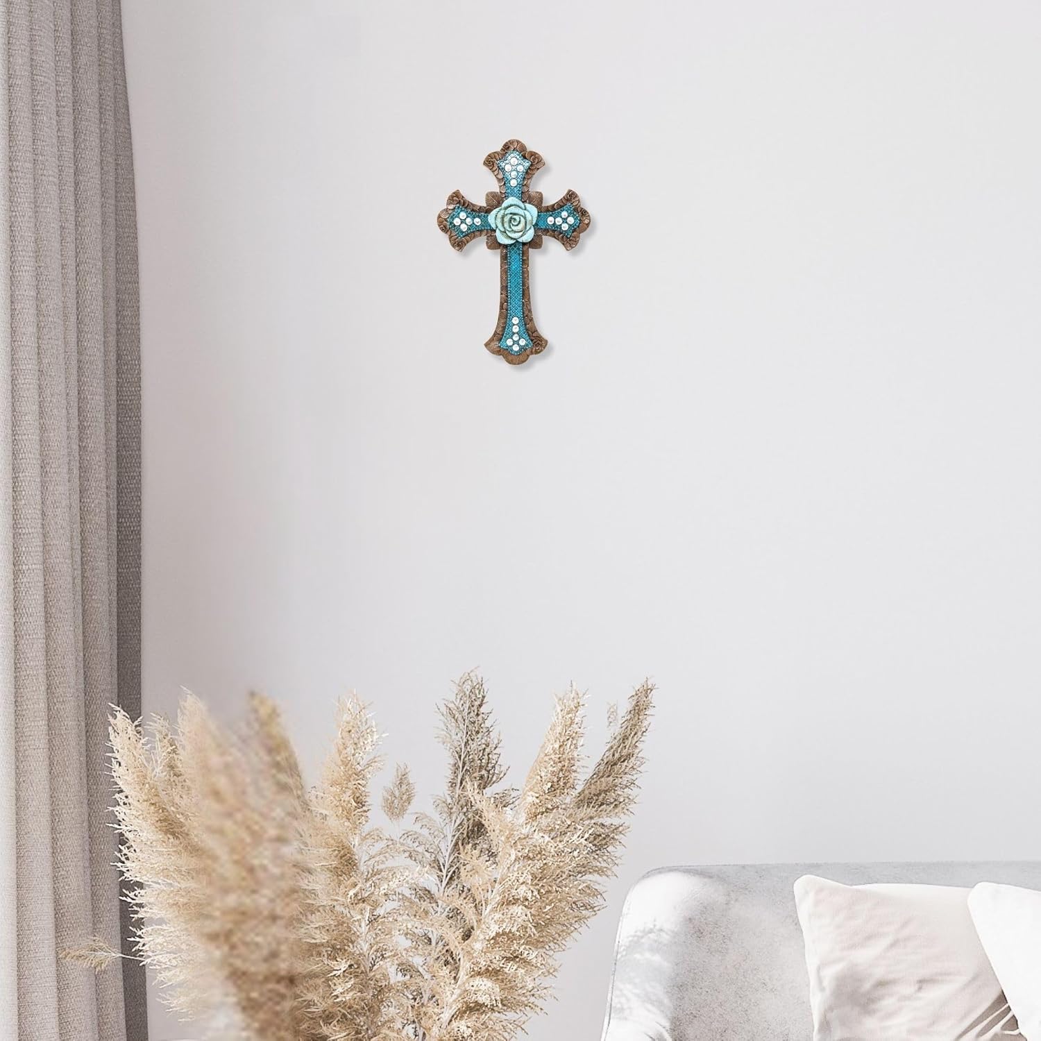 BestGiftEver Decorative Blue Wall Cross with Floral Center