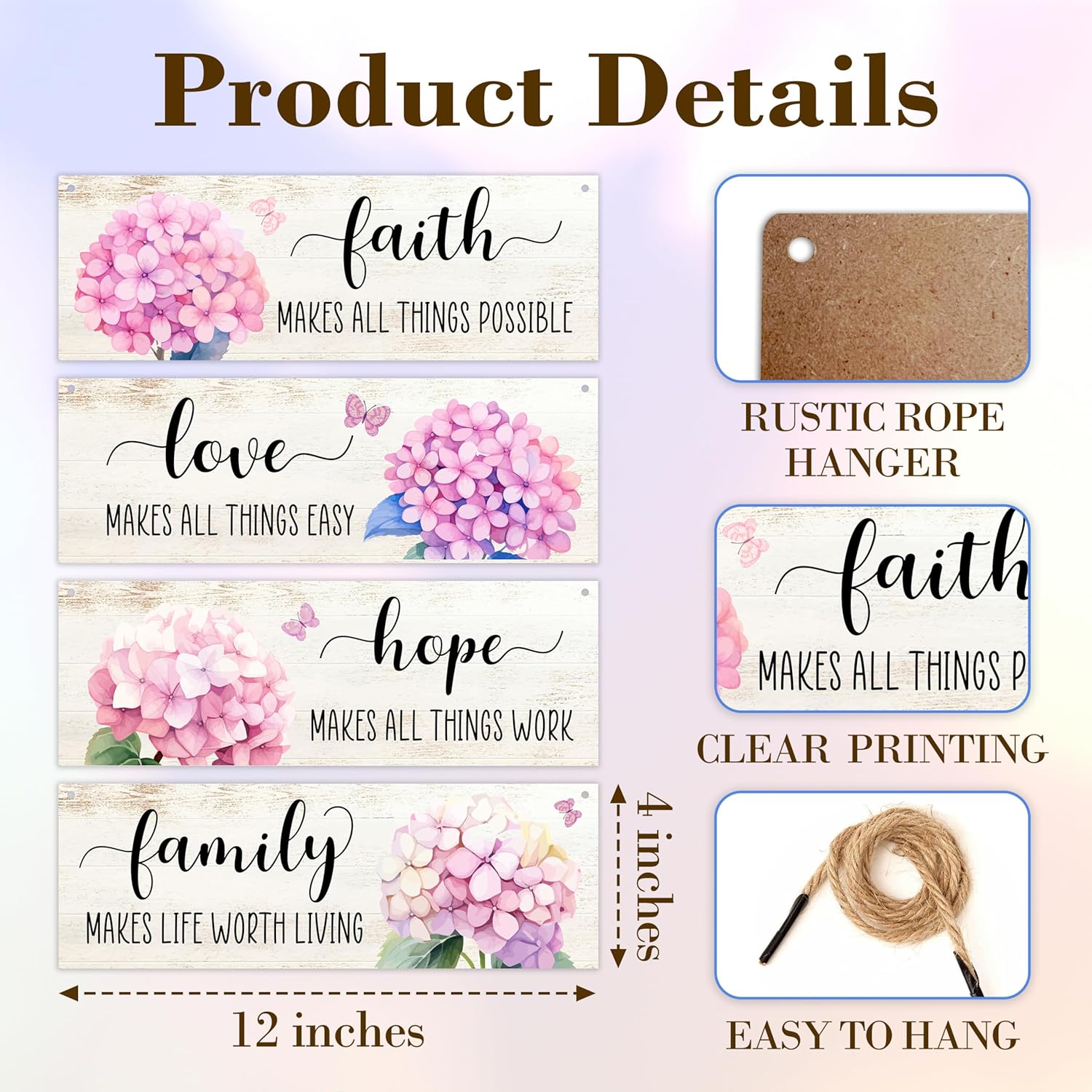 4 Pcs Family Wall Decor Wooden Signs with Hemp Rope