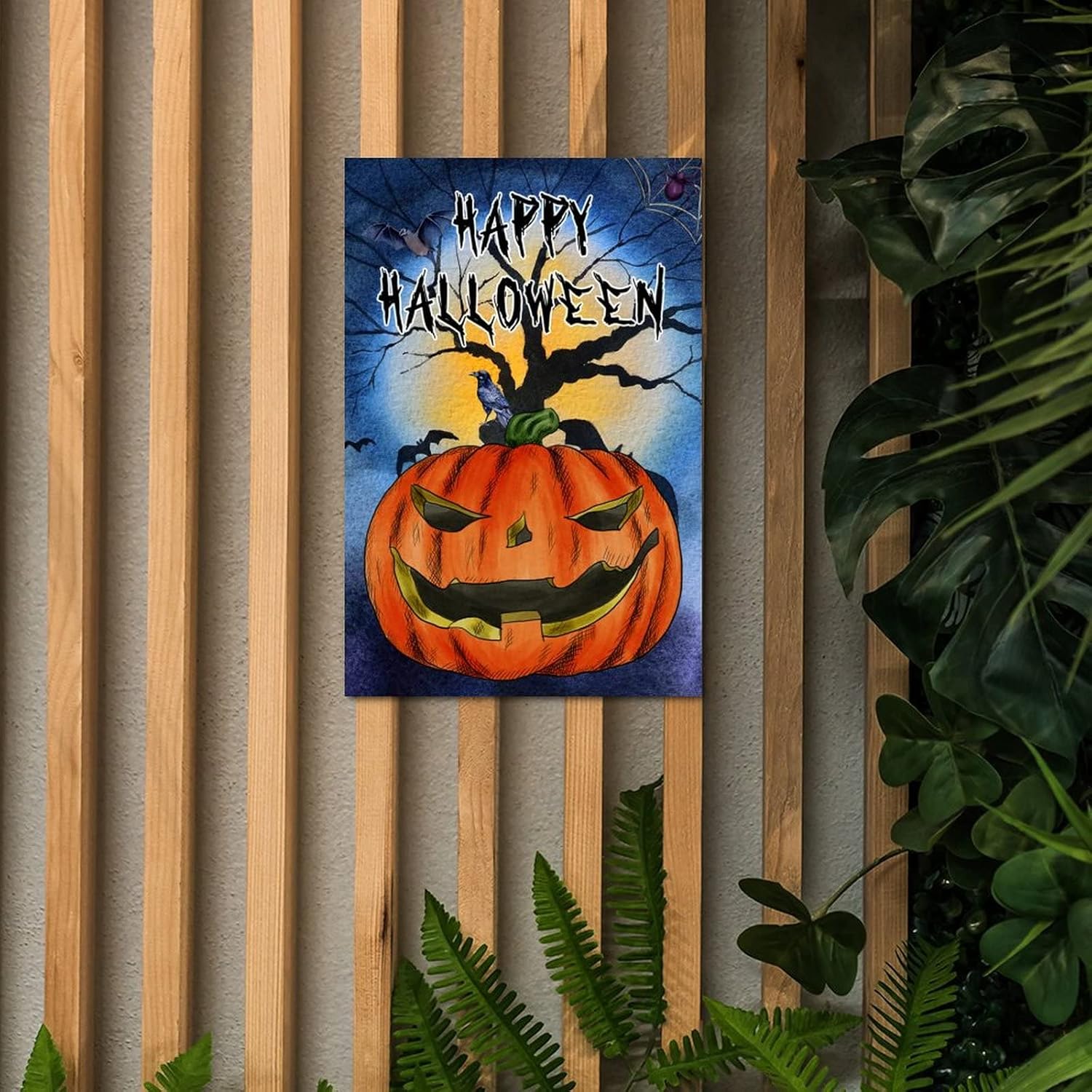 Scary Pumpkin Crow Wood Door Sign 12x8in 1