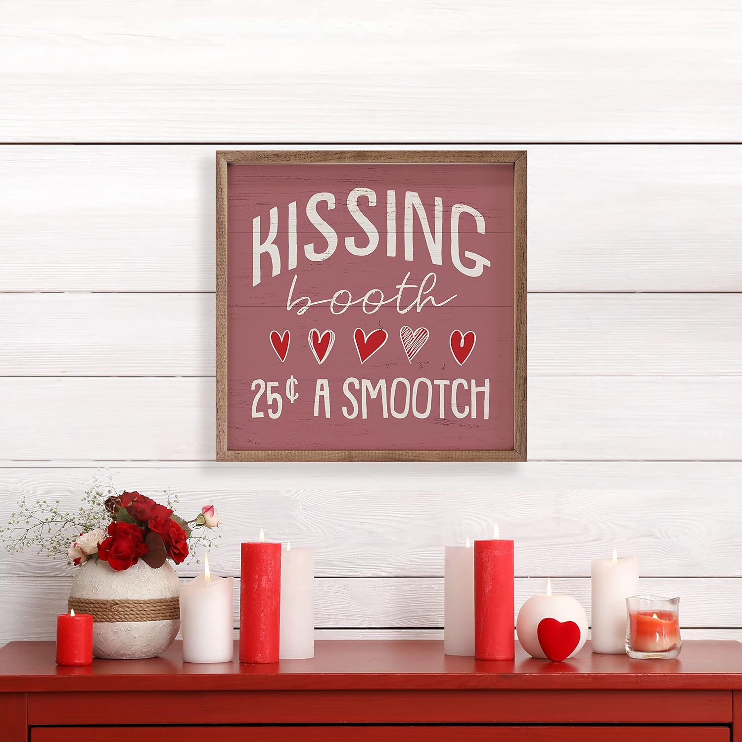 Kissing Booth Smootch Hearts Pink Valentine Wall Decor Wooden Sign