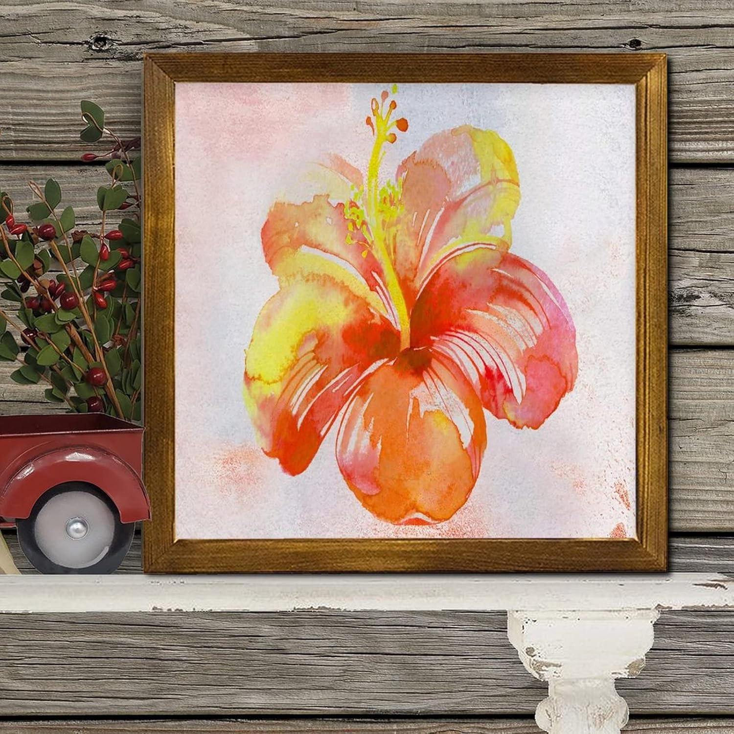 Retro Orange Hibiscus Flower Wood Wall Sign 1