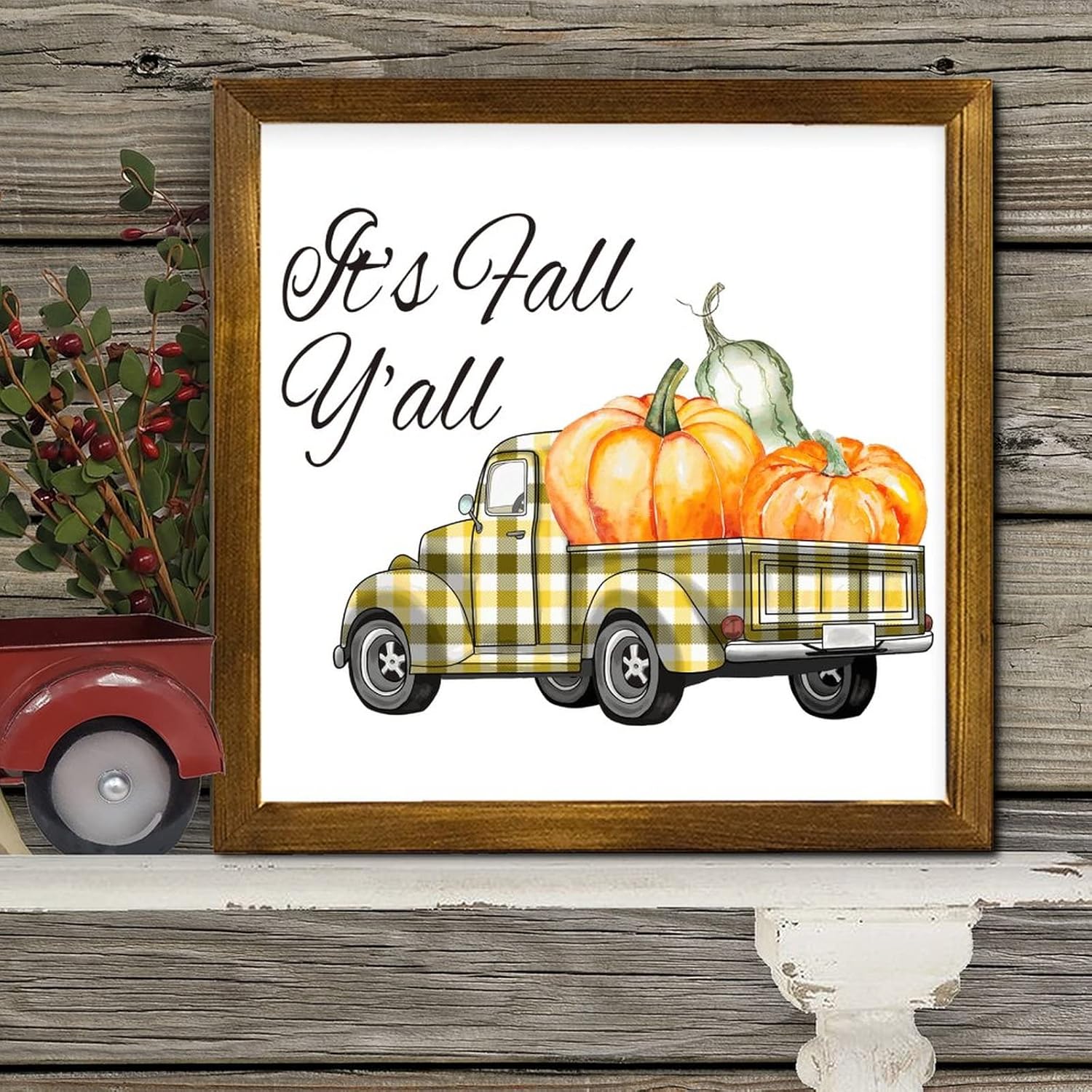 Fall-Themed Yellow Plaid Pumpkin Truck Wooden Wall Sign