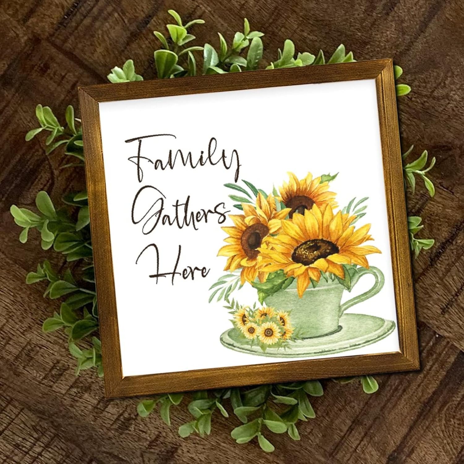 Family Gathers Here Framed Wooden Sign 12x12 Inch