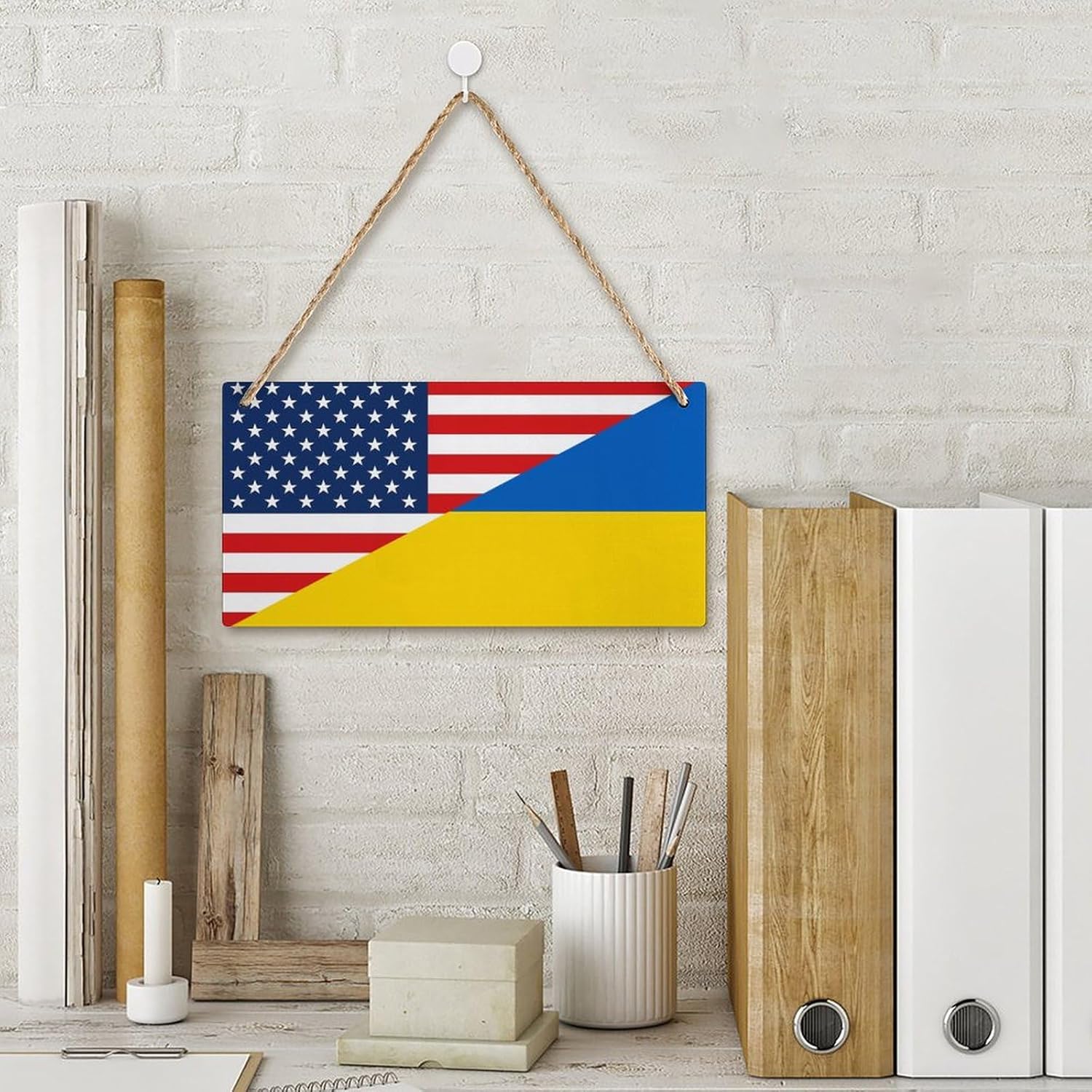 America Flag and Ukraine Flag Wooden Hanging Plate