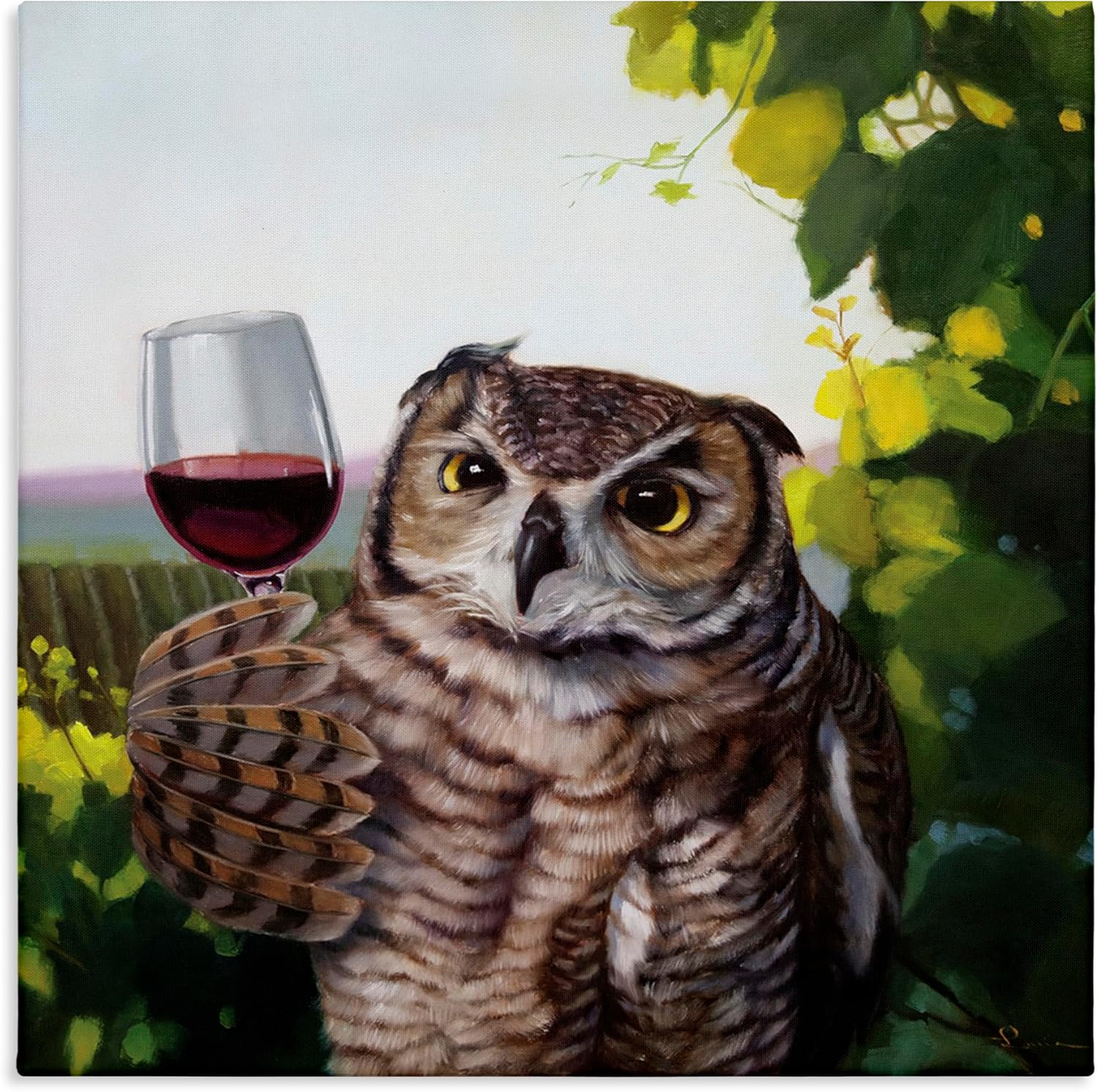 Stupell Industries Horned Owl Red Wine Vineyard Wall Art 17x17 Green