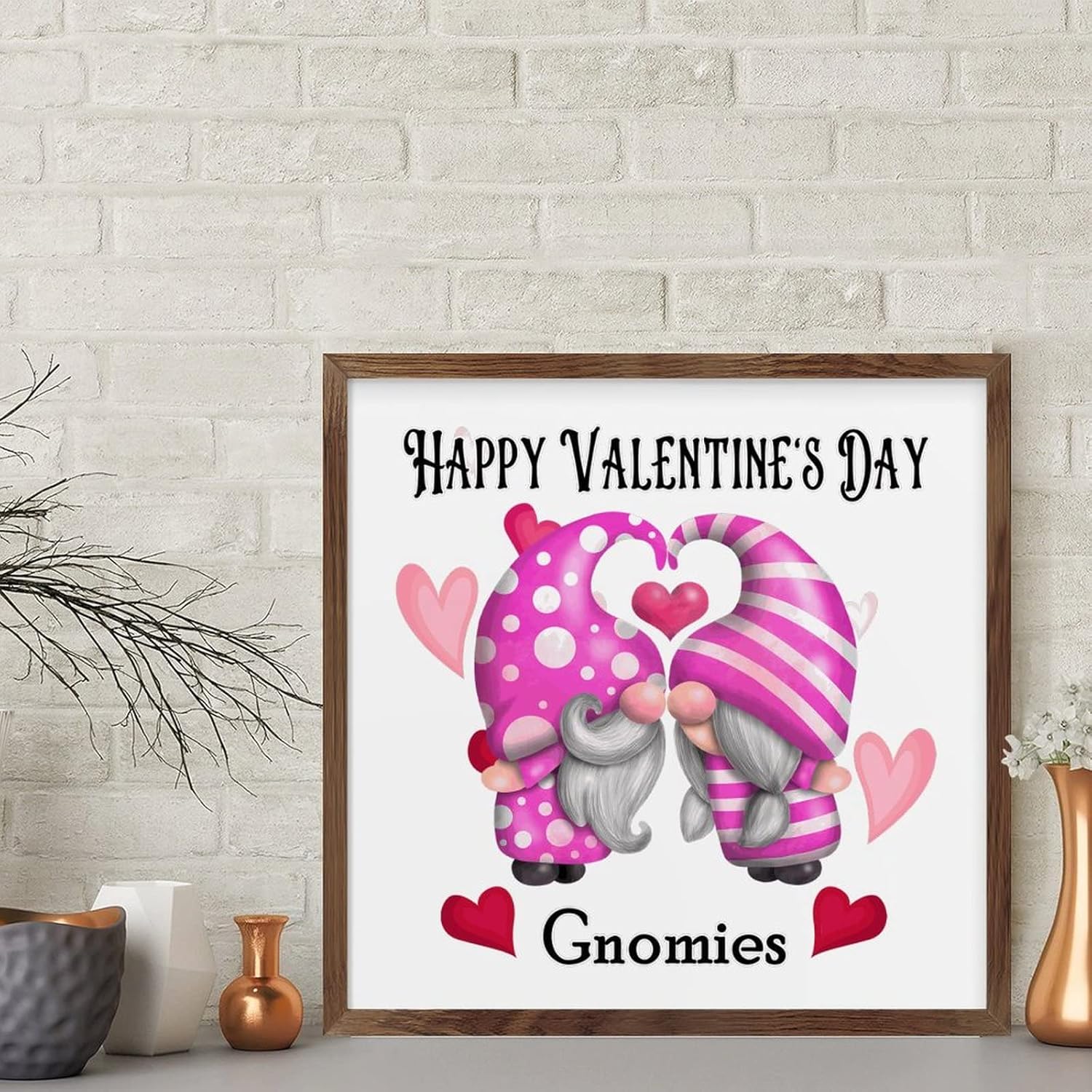Happy Valentines Day Cute Gnomies with Heart Wood Framed Sign Wall Art