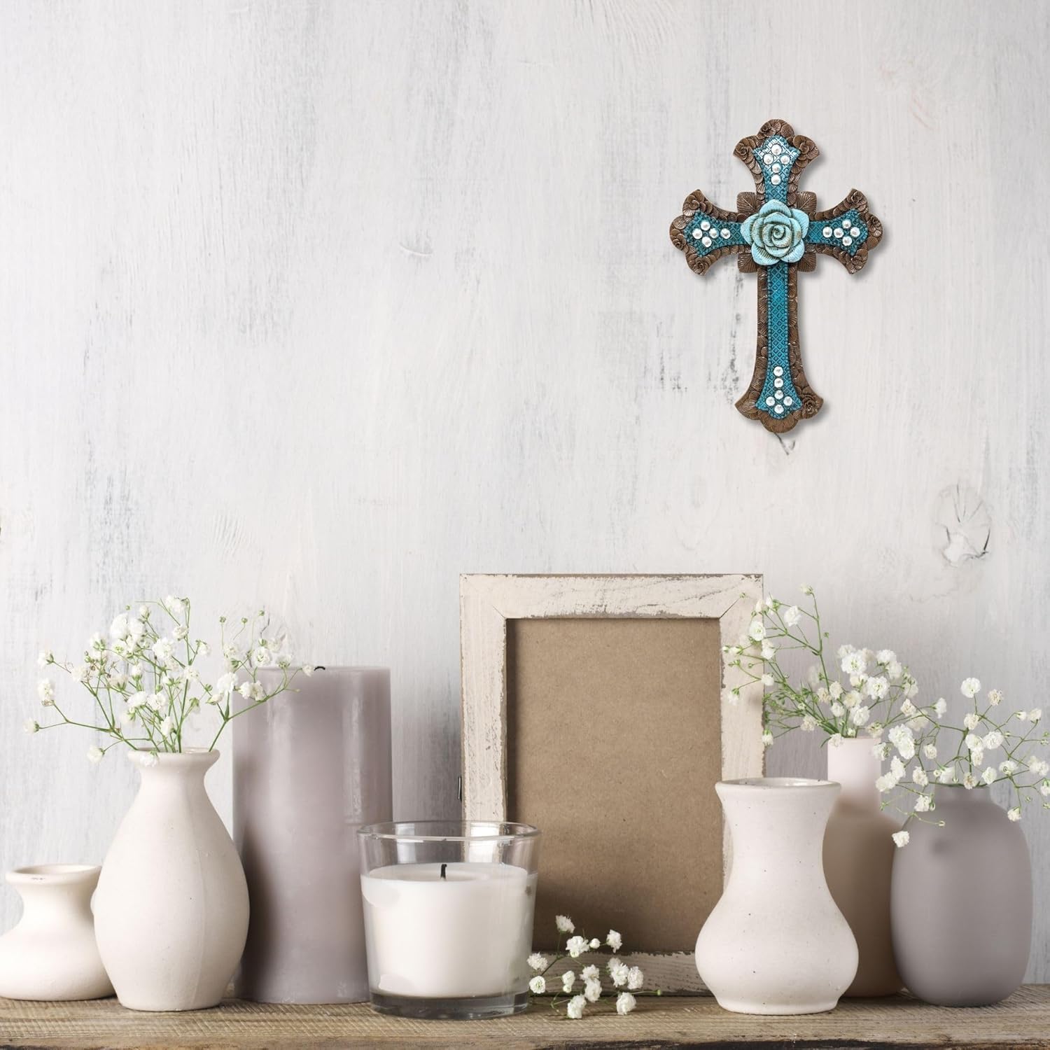 BestGiftEver Decorative Blue Wall Cross with Floral Center