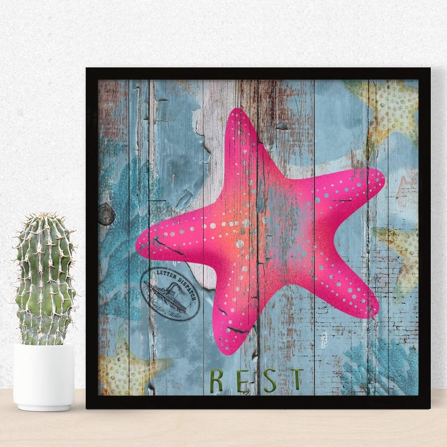 Hanging Wood Framed Wall Decor Sign Starfish Nautical Theme