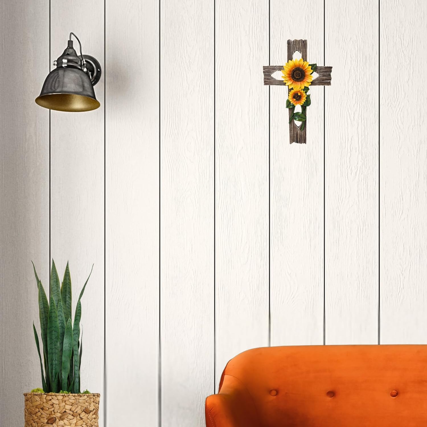 BestGiftEver Rustic Faux Wood Wall Cross with Sunflower Design