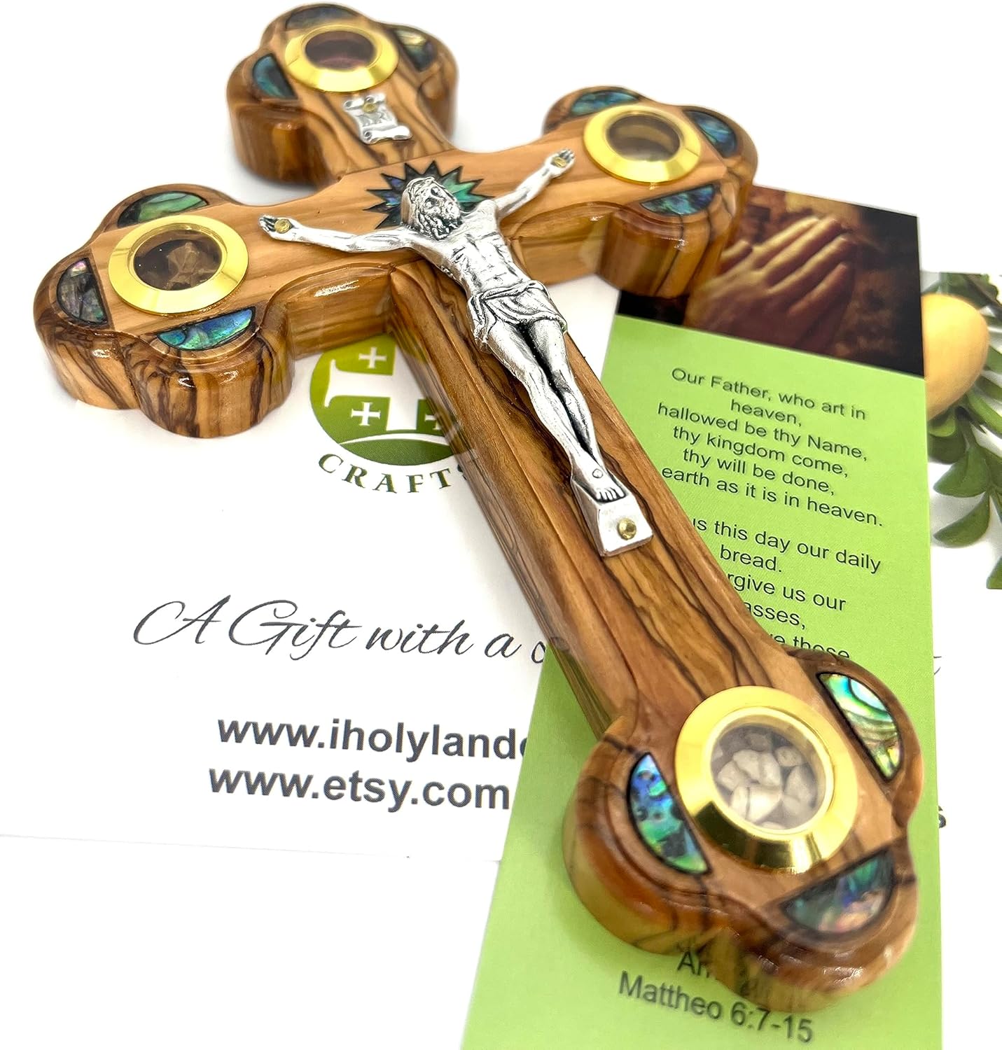 9 Inch Handmade Olive Wood Wall Cross with Relics