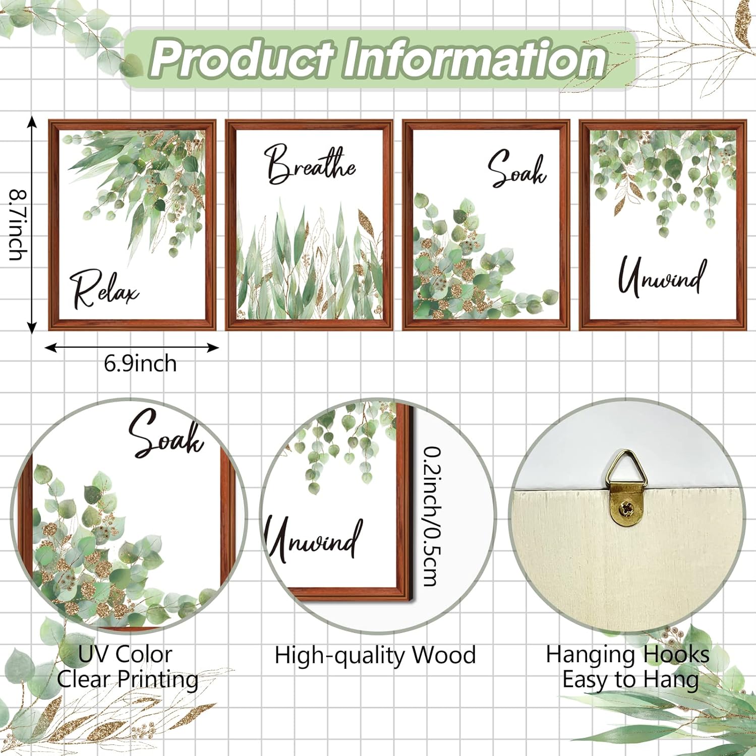 4 Piece Bathroom Wall Decor Boho Leaf Print Wooden Signs