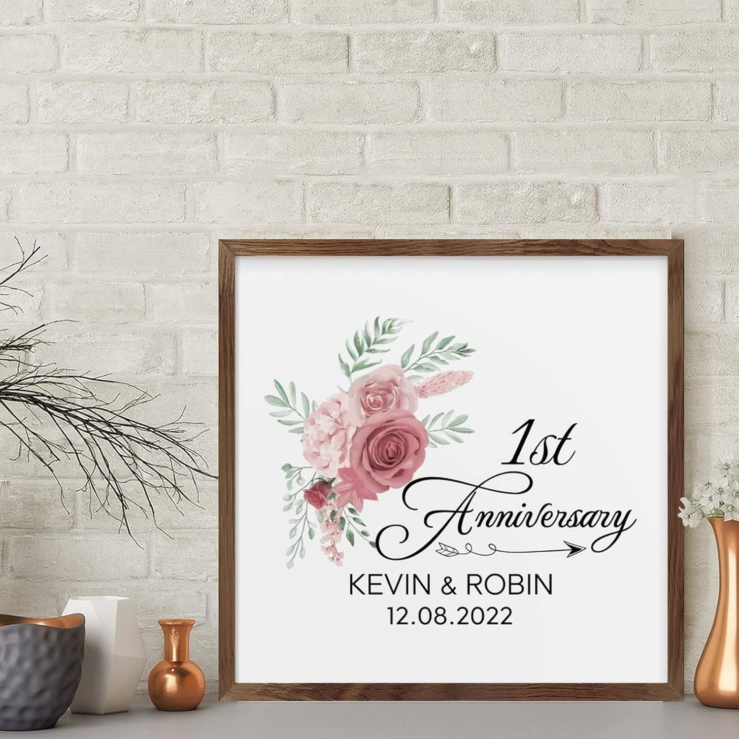 Pink Rose 1st Anniversary Framed Wood Sign Home Decor