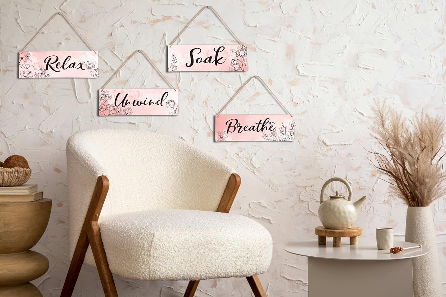 4 Piece Pink Wooden Wall Sign With Rope Decor