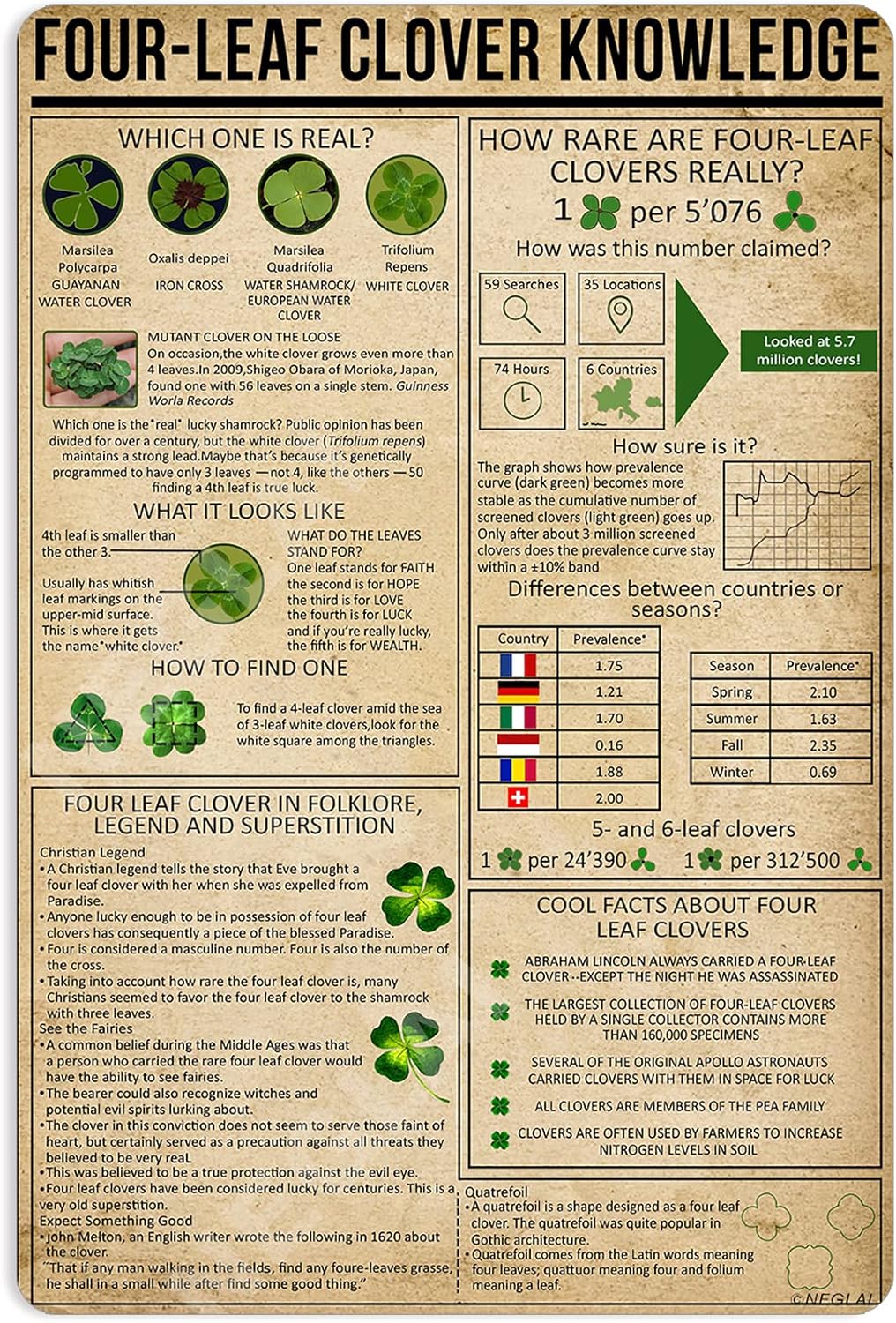 Four Leaf Clover Knowledge Metal Wall Sign 16x12 Inches