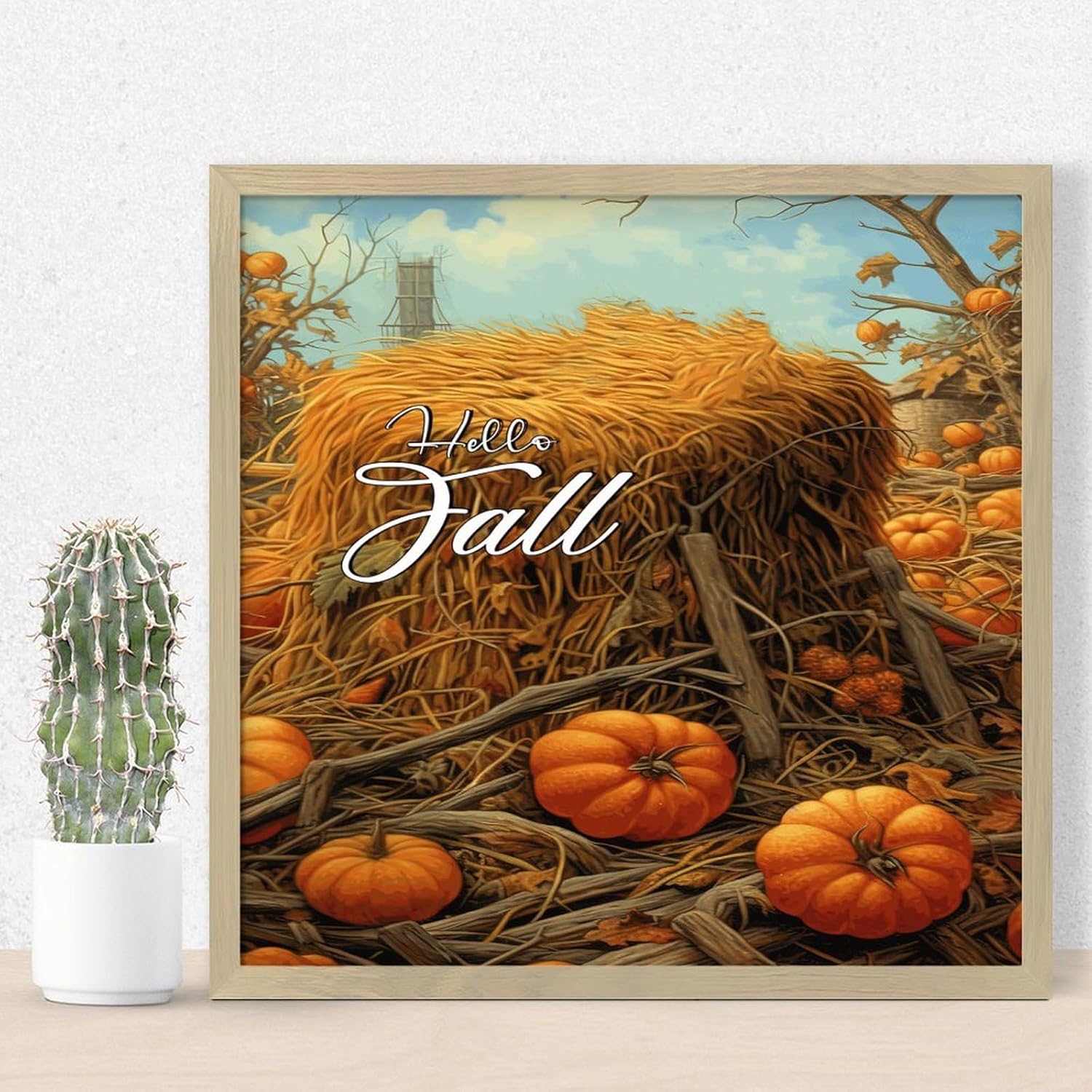 Wood Framed Sign Hello Fall Wall Art Decor 12x12in